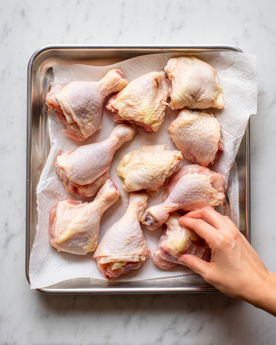 A metal tray holds nine raw chicken pieces arranged on a white paper towel. The chicken pieces vary in shape and size, some with skin and some without, showing light pink and pale cream colors. The paper towel underneath is slightly wrinkled, absorbing moisture from the chicken. The tray is placed on a white marbled surface. A woman's hand is reaching in from the right side, touching one piece of chicken. photo taken with an iphone --ar 4:5 --v 7