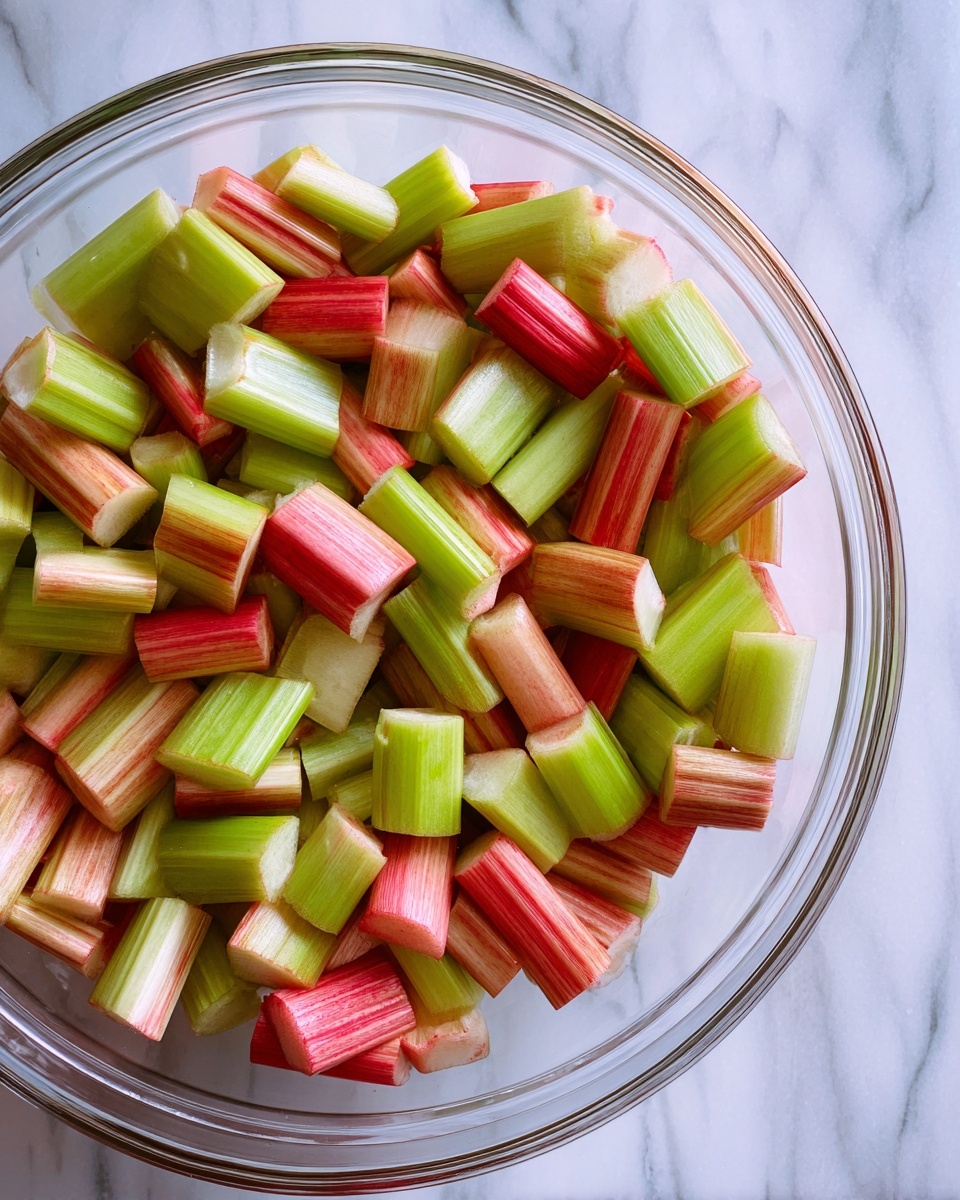 A clear glass bowl filled with small, evenly chopped pieces of rhubarb. The rhubarb pieces are mainly light green with some red streaks, showing a mix of smooth and slightly fibrous textures. The bowl sits on a white marbled surface, and the focus is on the bright, fresh colors of the rhubarb pieces inside. Photo taken with an iphone --ar 4:5 --v 7