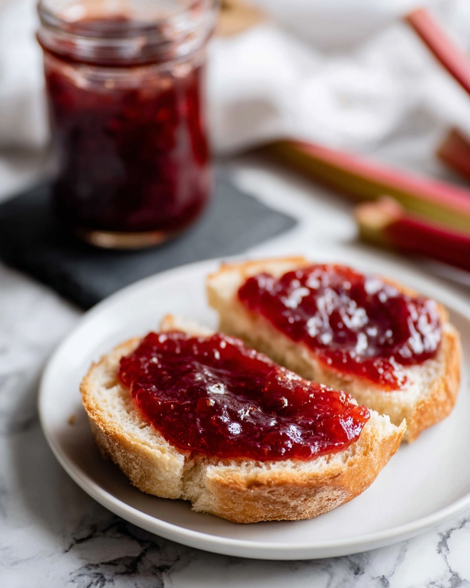 A toasted split bun sits on a white plate with a thick, shiny layer of deep red jam spread evenly on the top half. The bun’s texture is soft and slightly crumbly, with golden-brown edges showing a light crisp. In the background, there is a glass jar filled with the same red jam, placed on a small dark slate piece. The surface beneath the plate is a white marbled texture, and the setting includes a blurred white cloth and some rhubarb stalks with reddish and yellowish colors, giving a cozy kitchen feel. photo taken with an iphone --ar 4:5 --v 7