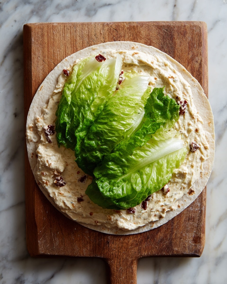 A round flat tortilla lies flat on a wooden cutting board. The tortilla has a creamy, pale spread with small bits of dark red mixed in, evenly covering its surface. On top of the spread, two large, fresh green lettuce leaves are placed horizontally in the middle, showing their bright green color and crisp texture. The cutting board rests on a white marbled surface. photo taken with an iphone --ar 4:5 --v 7