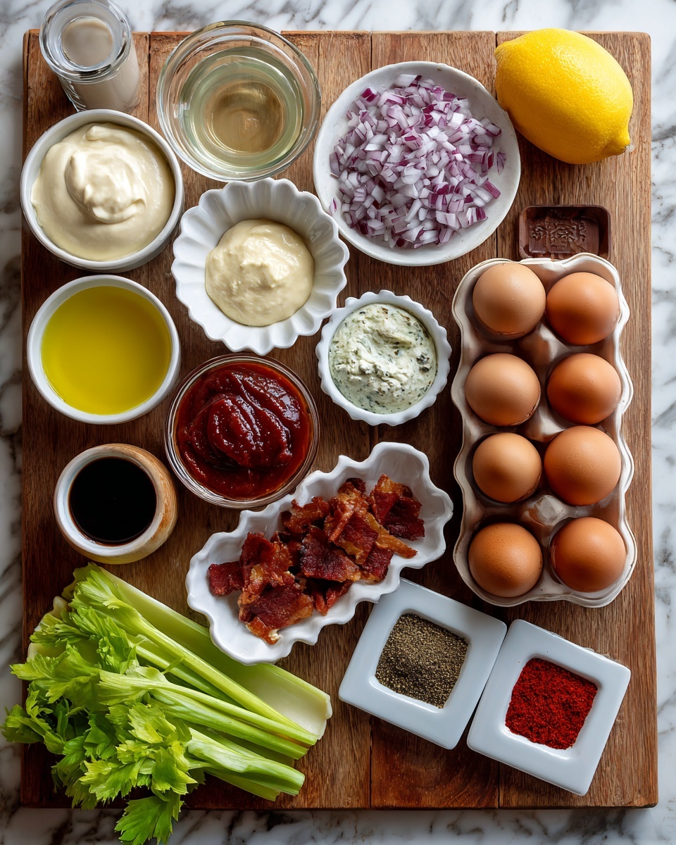 A flat lay of various cooking ingredients arranged neatly on a wooden surface, featuring a dozen brown eggs in a clear plastic tray on the right, a whole yellow lemon above it, and a white bowl full of chopped purple onions at the top center. From left to right and top to bottom, there is a white bowl of creamy sauce, a small glass container with a dark liquid, a small bowl with a dollop of white paste, a small bowl with red tomato paste, a glass container of light yellow oil, a white scalloped bowl holding a dark brown sauce, a small wooden bowl with ground pepper, a white bowl with crispy bacon pieces, and a white bowl with pickles. Celery stalks with bright green leaves are placed in the lower left corner, and square white dishes with red and black spices sit in the lower right corner. All ingredients are set on a wooden board with a white marbled background visible around it. Photo taken with an iphone --ar 4:5 --v 7