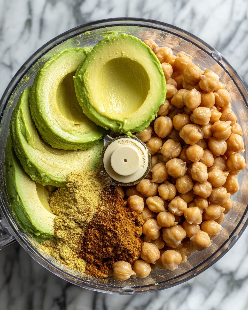 The image shows a clear food processor bowl filled with three avocado halves on the left side, their bright green flesh smooth and creamy, with the seed removed, and the right side filled with a layer of light tan chickpeas piled up nearly to the top, sprinkled with a small amount of yellow-brown spice powder focused near the edge. The clear texture of the food processor bowl allows the layers to be well visible, and the background is a white marbled surface. photo taken with an iphone --ar 4:5 --v 7