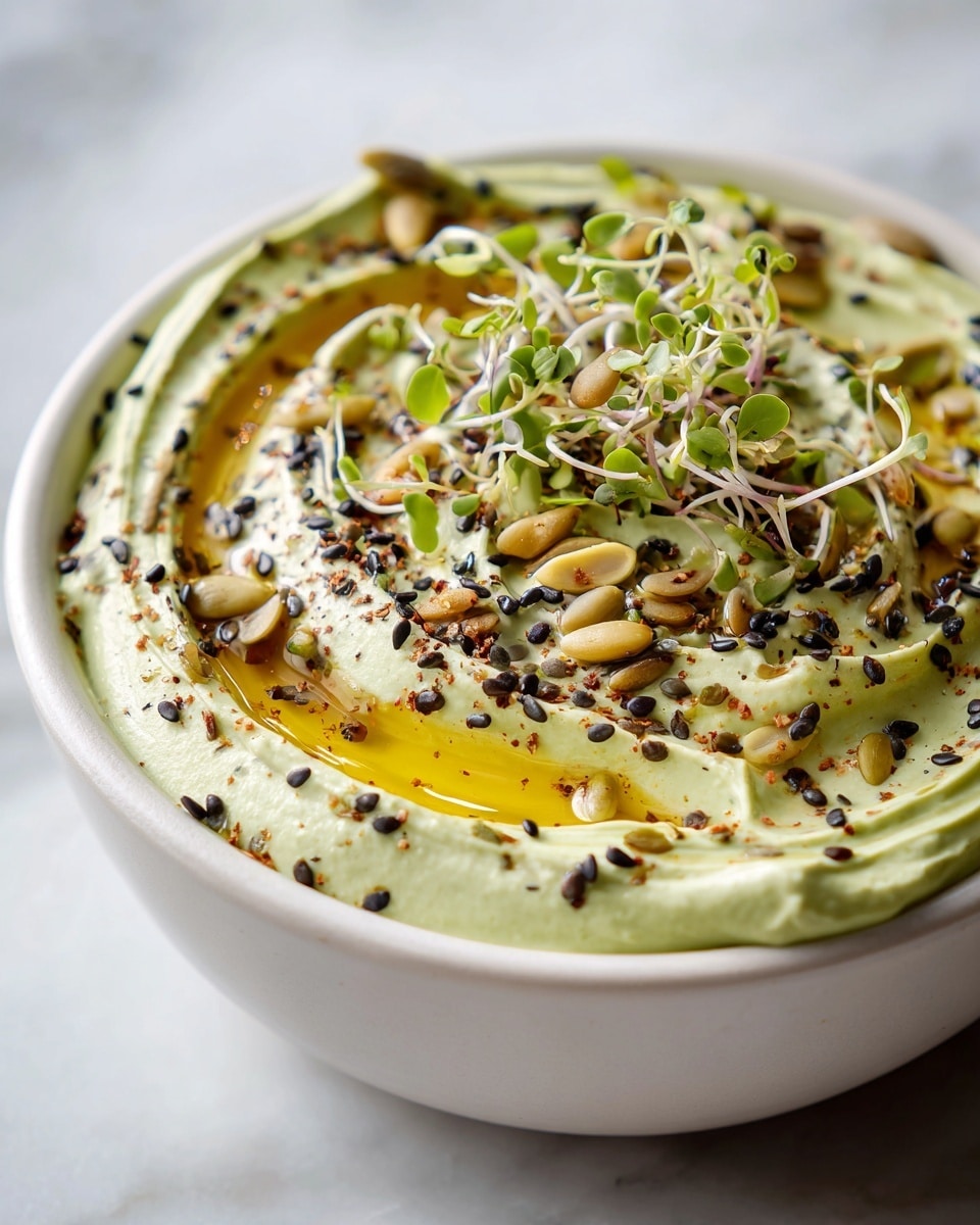 A close-up view of a smooth, creamy green dip in a white bowl with three visible layers: the base layer is a thick, light green spread with gentle swirling patterns; the middle layer shows a pooling of golden olive oil resting in the center; the top layer is scattered with small black and white sesame seeds, light brown sunflower seeds, tiny leafy green microgreens, and a light dusting of dark spices. The bowl sits on a white marbled surface with a crisp, clean look. Photo taken with an iphone --ar 4:5 --v 7