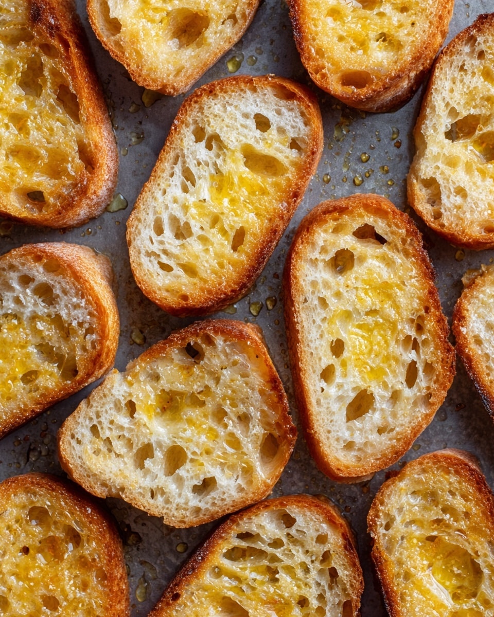 This image shows many slices of toasted bread with a golden brown crust and a light, airy inside full of holes. Each slice has a layer of melted butter that shines on top, with light yellow and creamy textures spread unevenly. The bread slices are placed directly on a rough baking tray with a grey color, which has small droplets of oil scattered between the slices. The overall color palette is warm with browns and yellows on the bread contrasted by the cool grey of the tray underneath. Photo taken with an iphone --ar 4:5 --v 7