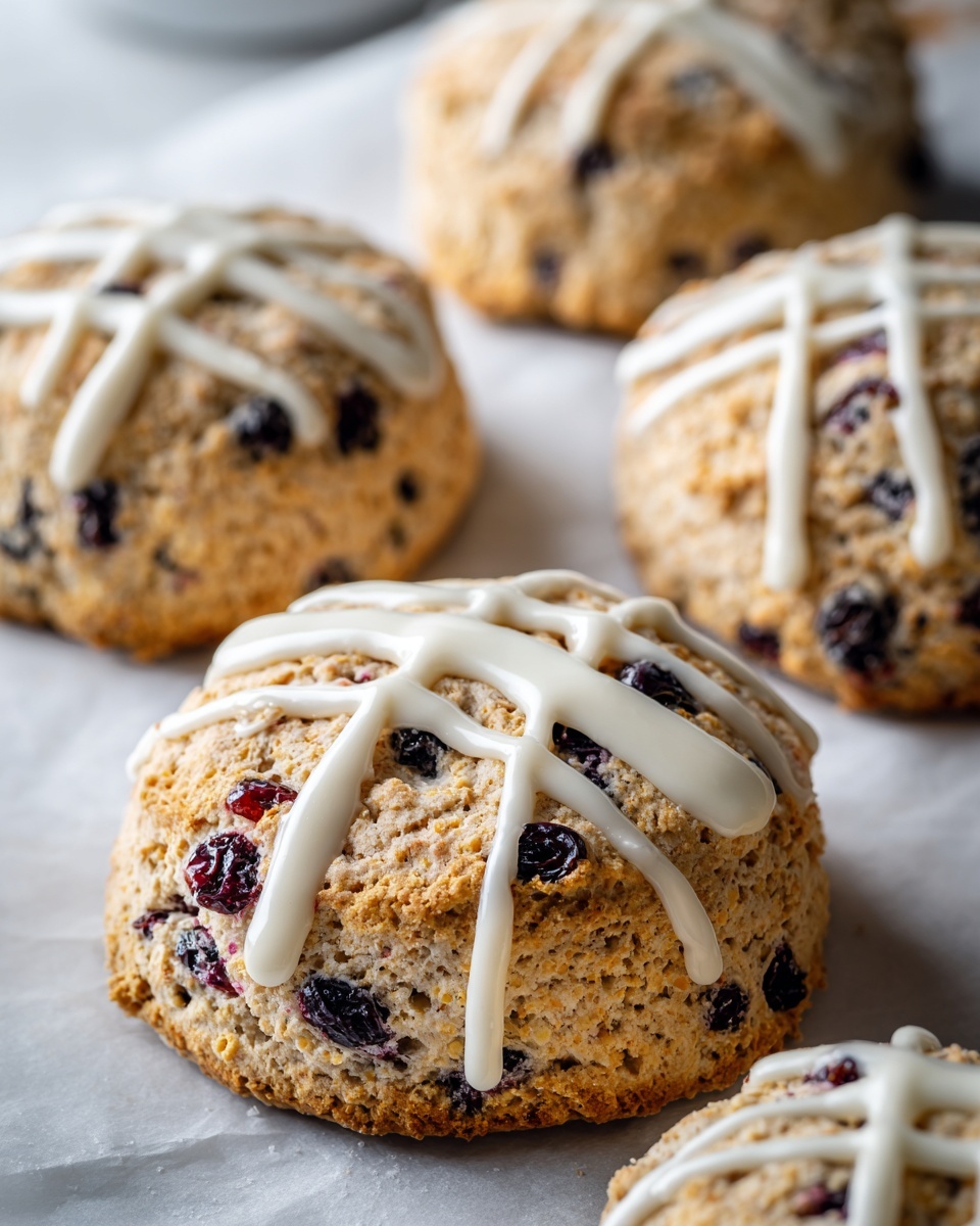 The image shows several round, golden-brown scones with a slightly rough and crumbly texture. Each scone has a cross of smooth white icing drizzled on top, creating two perpendicular lines. The scones contain visible dark dried fruit pieces, adding spots of deep purple color inside the light beige dough. They are placed closely together on white parchment paper, which rests on a white marbled surface. The overall scene is bright and softly focused on the front scone with others blurred in the background. photo taken with an iphone --ar 4:5 --v 7