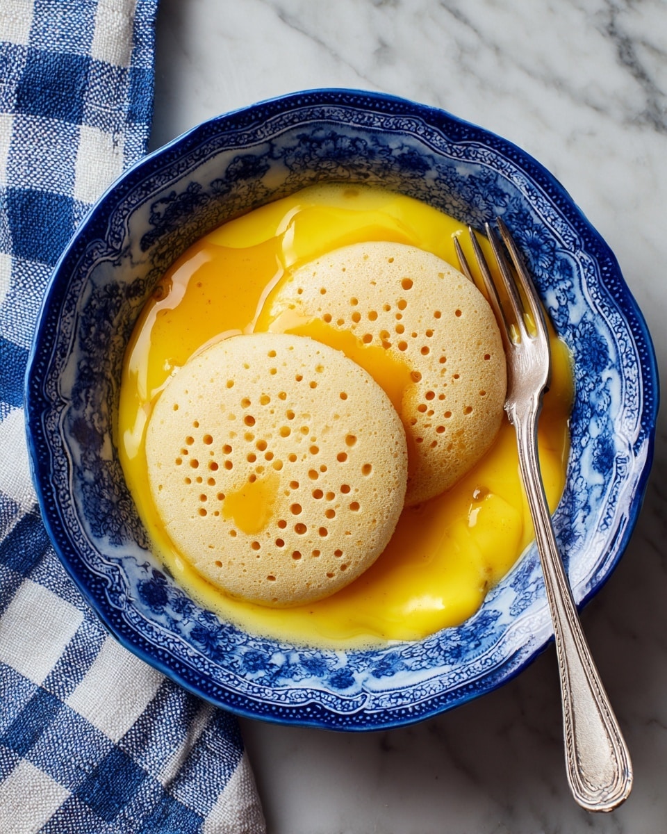 A blue and white patterned bowl holds two round, light brown arepas with many small holes on the surface. The arepas sit on top of a layer of bright yellow, slightly runny beaten eggs that spread around and under them. A silver fork rests in the bowl, positioned diagonally with the handle on the bowl’s rim. The bowl is placed on a white marbled surface next to a blue and white checkered cloth. photo taken with an iphone --ar 4:5 --v 7