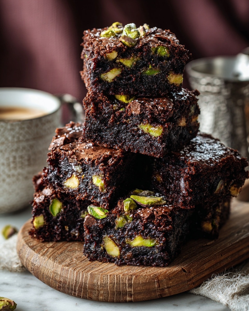 The image shows a stack of rich, dark chocolate brownies with a shiny, cracked top layer. The brownies are thick and dense, filled generously with green pistachio nuts scattered inside all the pieces. Five brownies are stacked in a pyramid shape on a wooden round board with warm brown tones. The background is a soft, dark burgundy cloth that creates contrast with the brownies, and to the right, there's a blurred silver cup. The whole setting sits on a white marbled surface. photo taken with an iphone --ar 4:5 --v 7