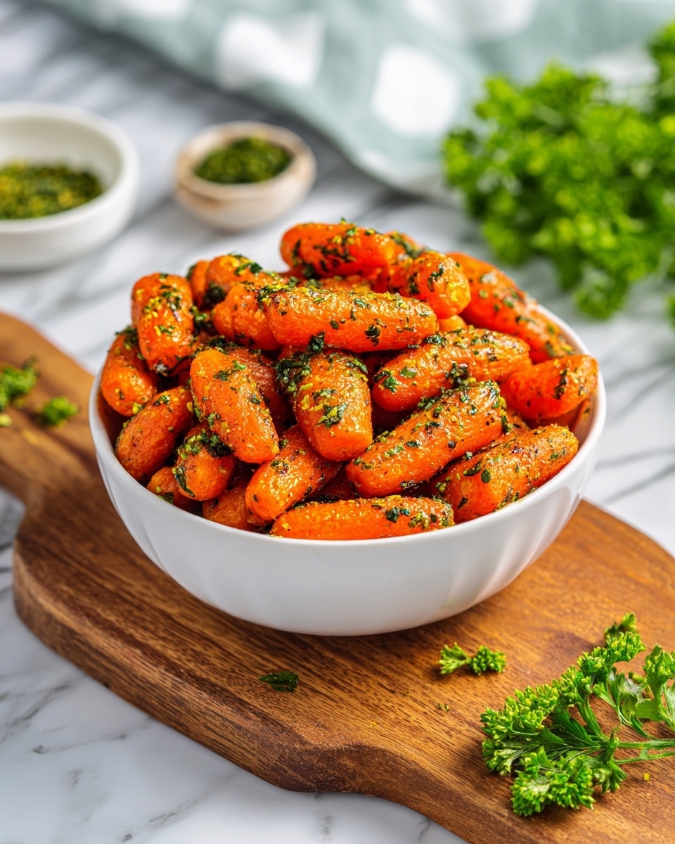 A clear glass bowl sits on a white marbled surface, filled with bright orange baby carrots layered in one pile. On top of the carrots, dried green herbs are sprinkled evenly, adding texture and contrast to the smooth, shiny carrots. Photo taken with an iphone --ar 4:5 --v 7