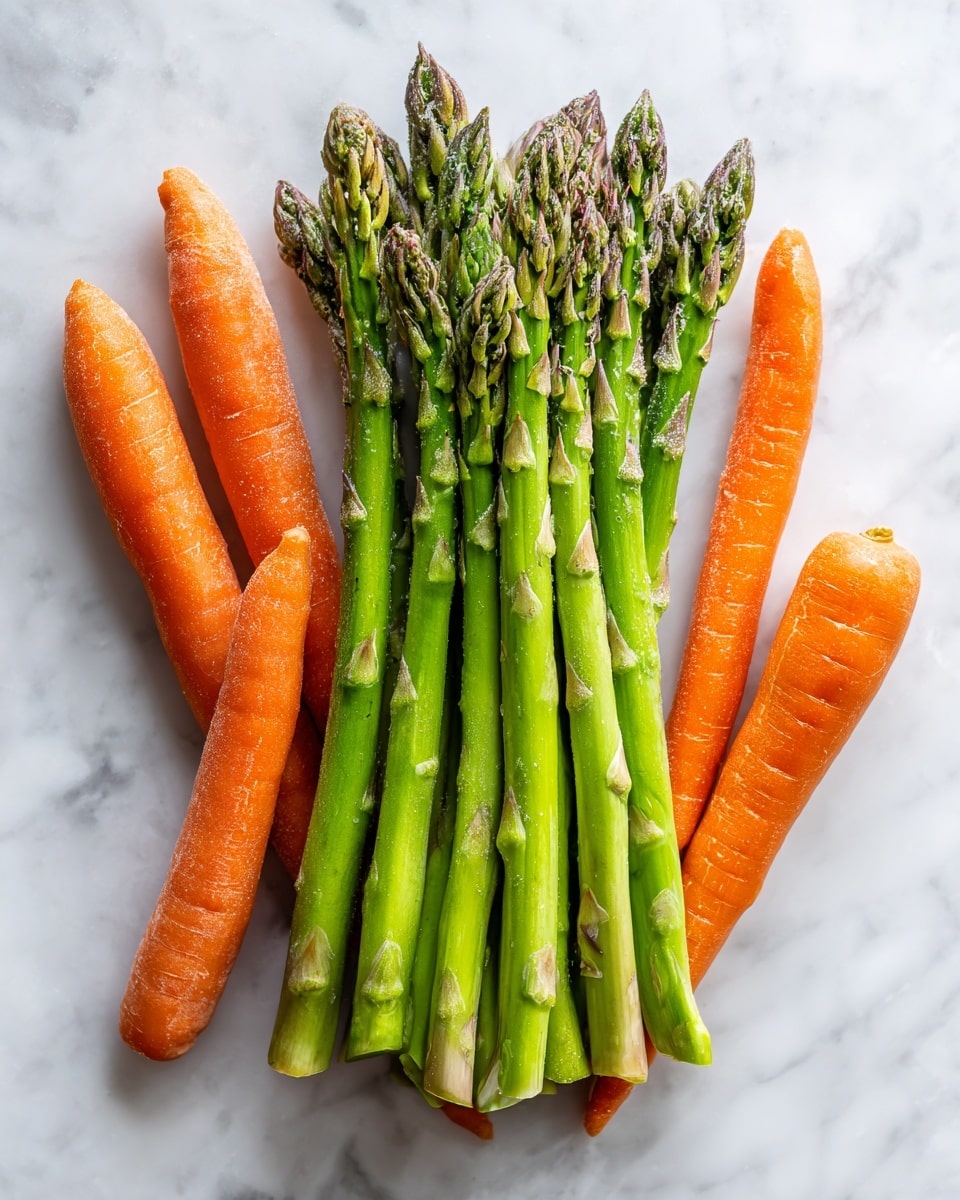 The image shows a group of bright green asparagus spears arranged vertically in the center on a white marbled surface. They are fresh with a slightly frosty texture. Around the asparagus, there are three long, smooth orange carrots placed diagonally on the white marbled surface, one at the top, one at the bottom left, and one at the bottom right. The overall look is clean and fresh with clear colors standing out against the white marbled background. photo taken with an iphone --ar 4:5 --v 7