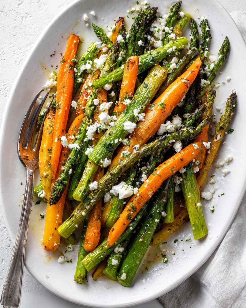 A white oval plate holds a mix of roasted green asparagus spears and long, thin orange carrot slices. The vegetables have a slightly shiny, cooked texture with some charred marks. They are scattered in a loosely layered way, with the asparagus mostly on top and the carrot slices underneath, their bright green and orange colors contrasting well. White crumbled cheese is sprinkled evenly over the vegetables, adding a fine, powdery texture. The plate is on a white marbled surface, and a silver fork rests on the edge of the plate. photo taken with an iphone --ar 4:5 --v 7