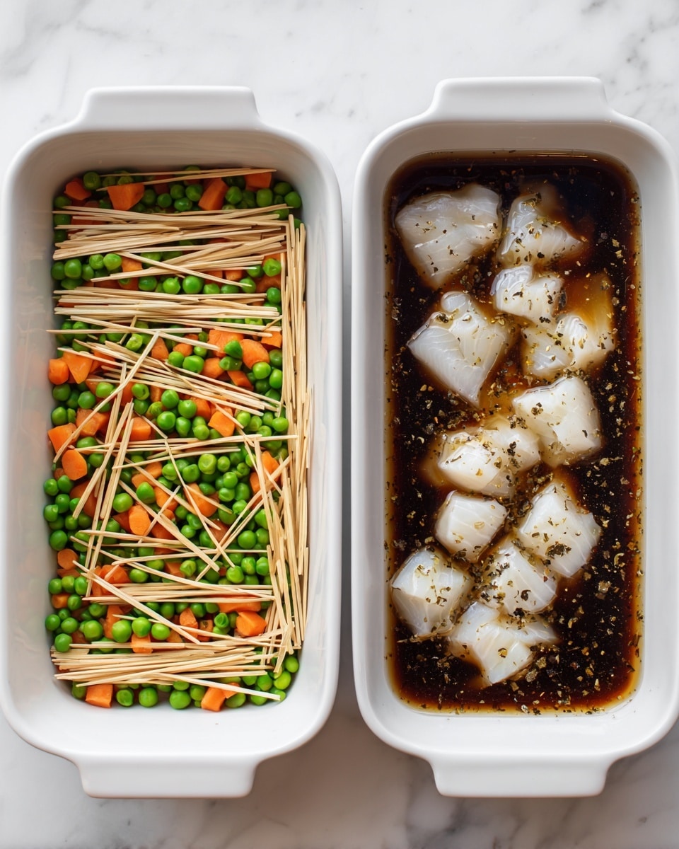 The image shows two white rectangular baking dishes on a white marbled surface. The left dish contains three layers: the bottom layer is a bed of thin wooden sticks, the middle layer is a mix of small green peas and thin orange carrot sticks spread evenly, and the top layer consists of chunked raw white fish pieces scattered with black pepper. The right dish contains the same ingredients and layers but is filled with a dark brown liquid broth that covers the fish, peas, and carrots, creating a glossy surface with visible seasoning floating. The image is bright and clean, emphasizing the fresh ingredients and the liquid contrast. photo taken with an iphone --ar 4:5 --v 7