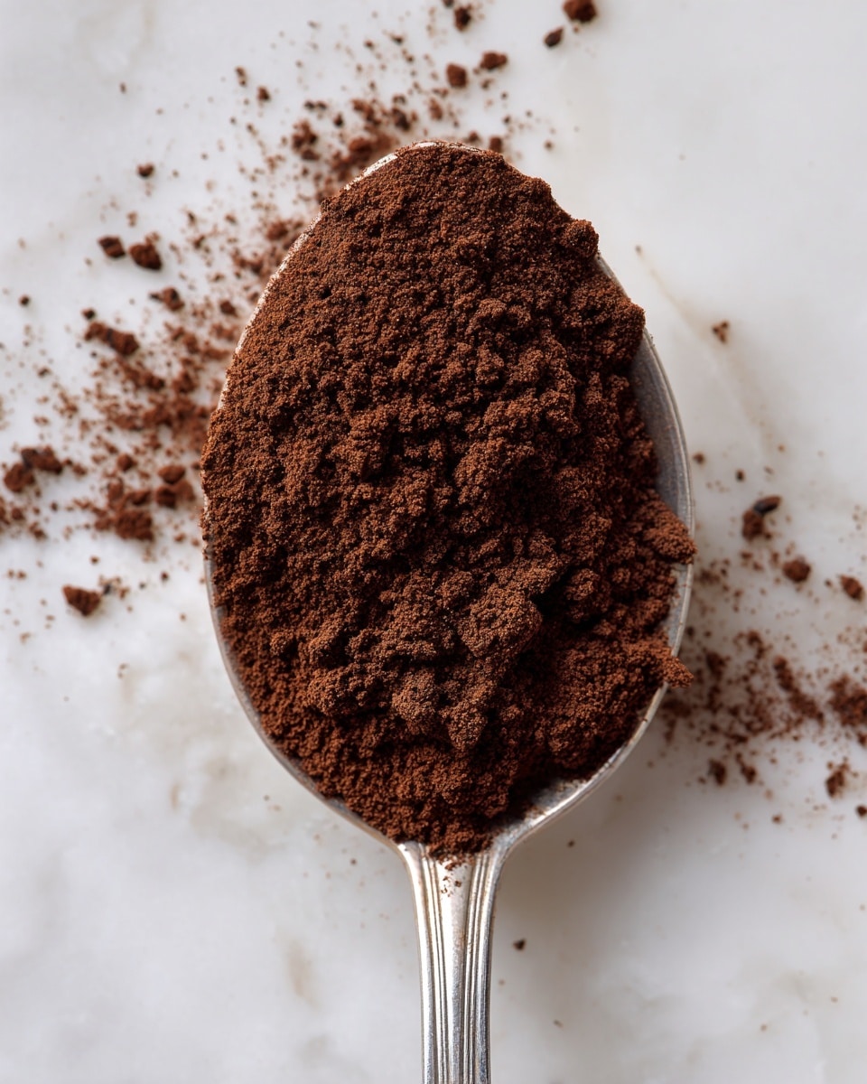A close-up view of a silver spoon holding a heap of fine brown powder with a soft, crumbly texture. The powder covers the curved bowl of the spoon almost fully, with some small clumps and loose grains visible. The image is set against a clean white marbled background that highlights the rich brown color of the powder and the shiny metal of the spoon. photo taken with an iphone --ar 4:5 --v 7