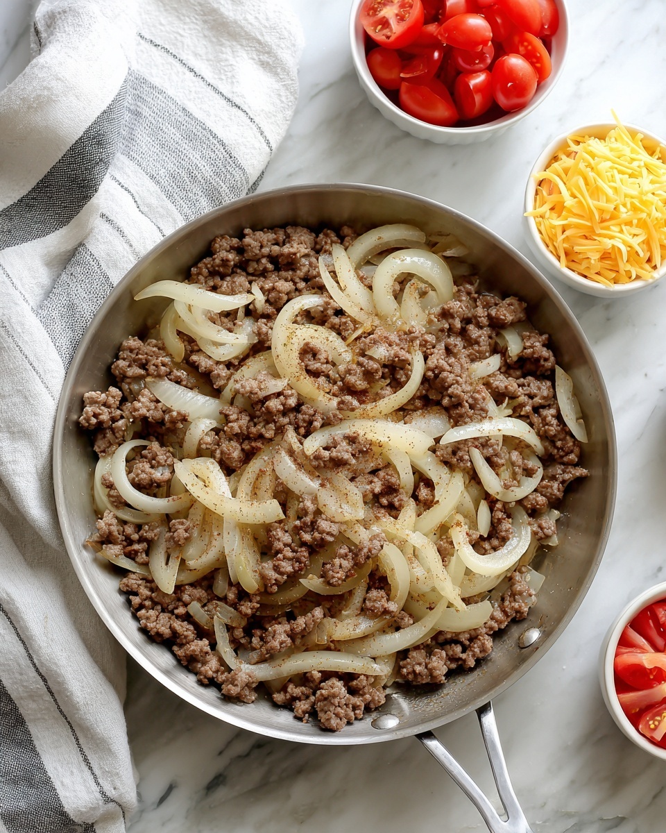 A silver frying pan filled with cooked ground meat mixed with soft, light brown slices of onions, topped with a sprinkle of darker brown seasoning, all sitting on a white marbled surface. Surrounding the pan are a white and gray striped cloth on the left and small white bowls on the lower right with shredded yellow cheese and sliced red cherry tomatoes visible. Photo taken with an iphone --ar 4:5 --v 7