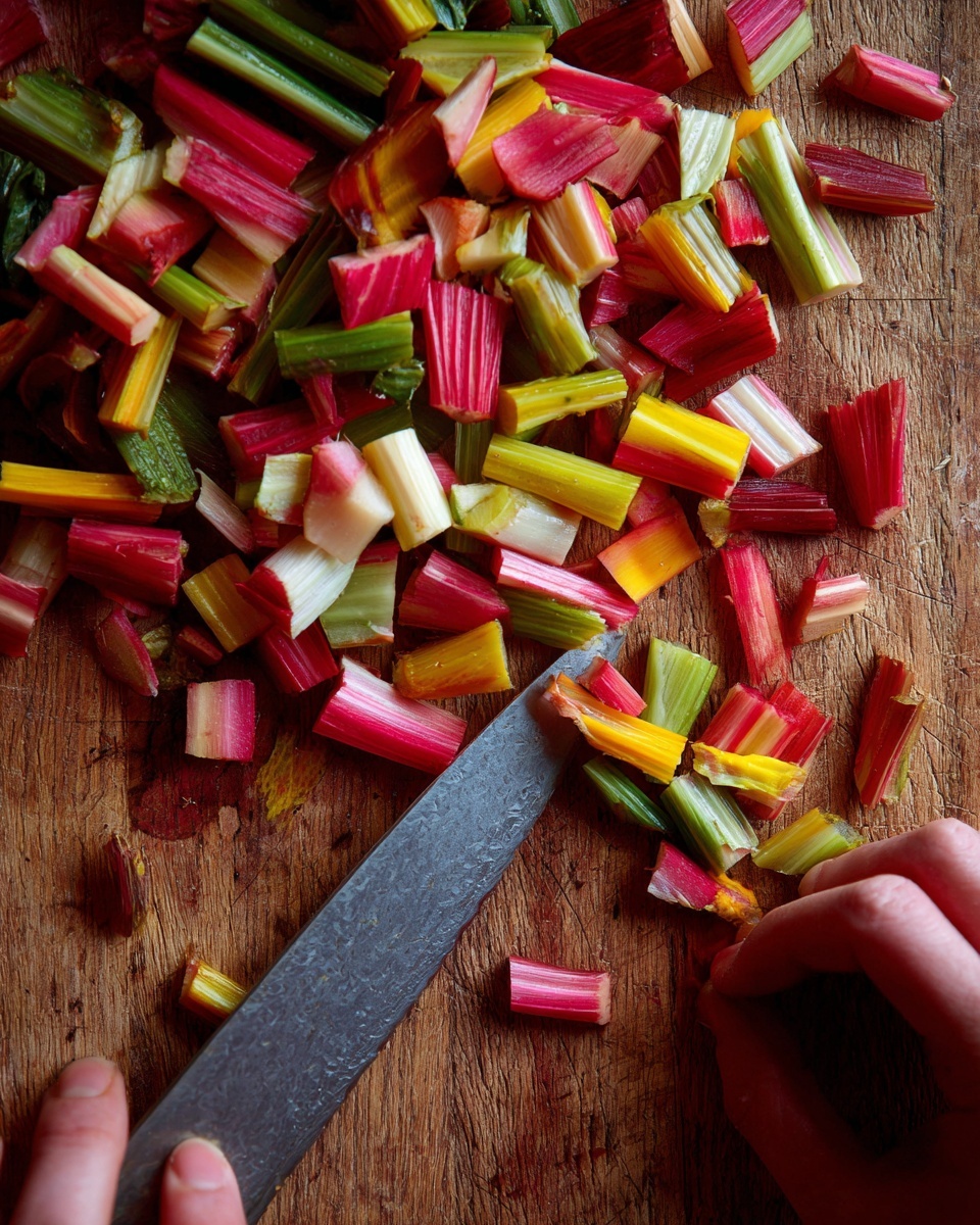 A close-up of a woman's hand holding a knife over a wooden board with small chopped pieces of colorful rainbow Swiss chard stems, showing vibrant reds, yellows, greens, whites, and pinks. The colorful vegetable pieces are uneven in size and sit scattered on the wooden surface. Photo taken with an iphone --ar 4:5 --v 7