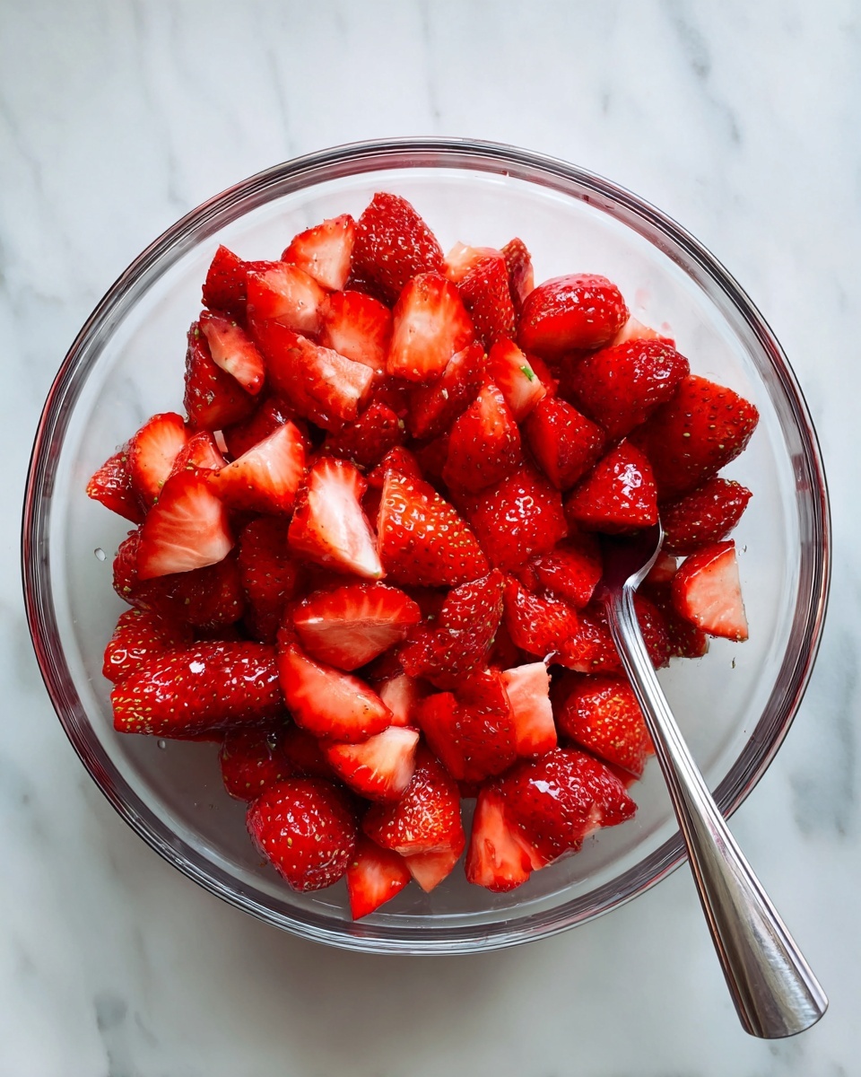 A clear glass bowl filled with a single layer of chopped red strawberries, some pieces showing light green tips. A silver spoon rests inside the bowl with its handle extending diagonally outward. The bowl sits on a white marbled surface, and the strawberries have a fresh, juicy look with small droplets of moisture visible on them. photo taken with an iphone --ar 4:5 --v 7