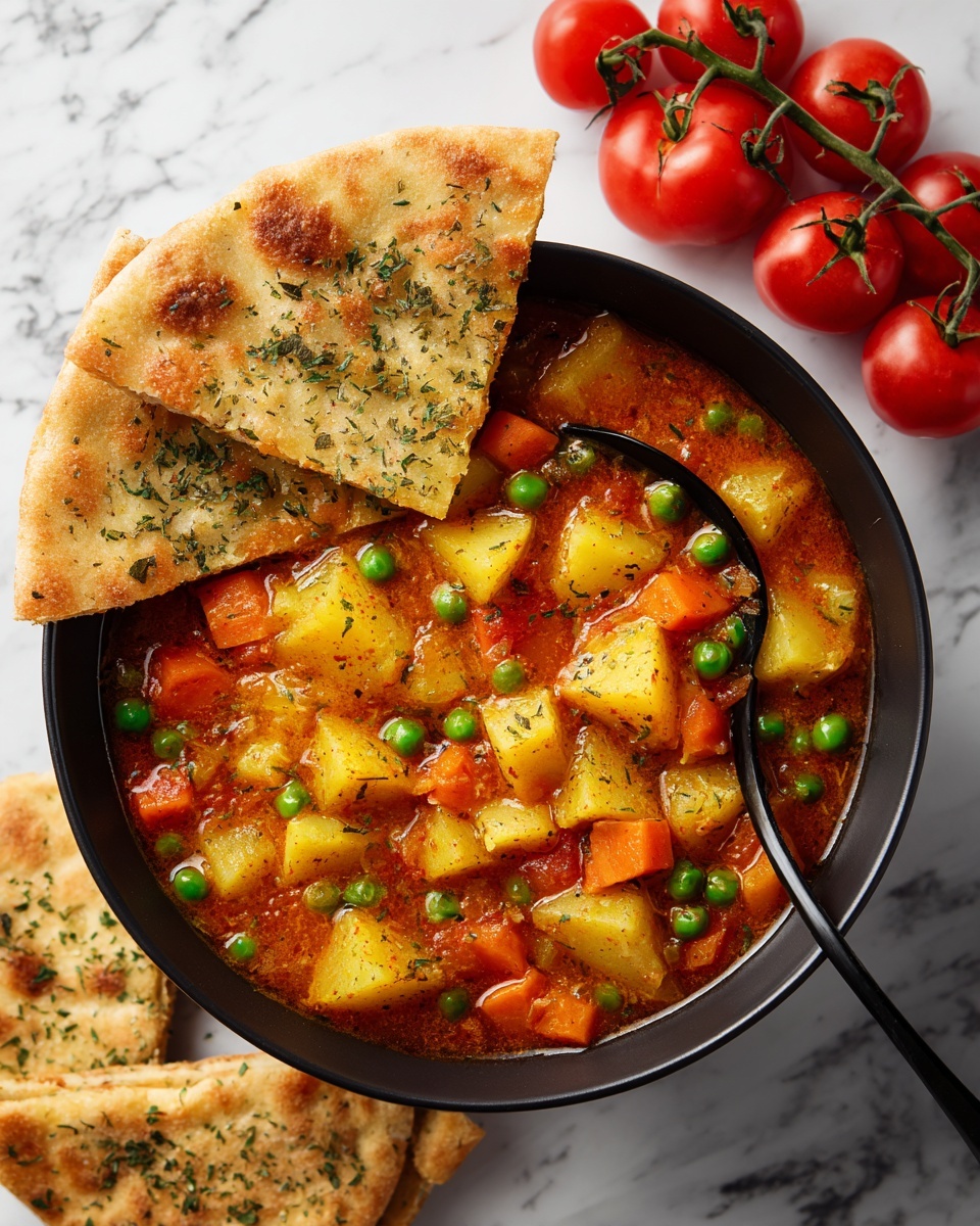 The image shows a black bowl filled with a colorful vegetable stew. The stew has about three main layers: the bottom layer is a rich, reddish-orange broth with visible herbs and spices, followed by an even mix of diced yellow potatoes and small green peas scattered throughout the stew, and small pieces of orange carrots and onions. The stew looks thick and chunky with a hearty texture. Resting on the edge of the bowl is a large piece of golden-brown flatbread sprinkled with herbs. In the background on the white marbled surface, there is a bunch of bright red cherry tomatoes still on the vine. A black spoon is dipped into the bowl from the right, and around the bowl, pieces of flatbread are placed casually. Photo taken with an iphone --ar 4:5 --v 7