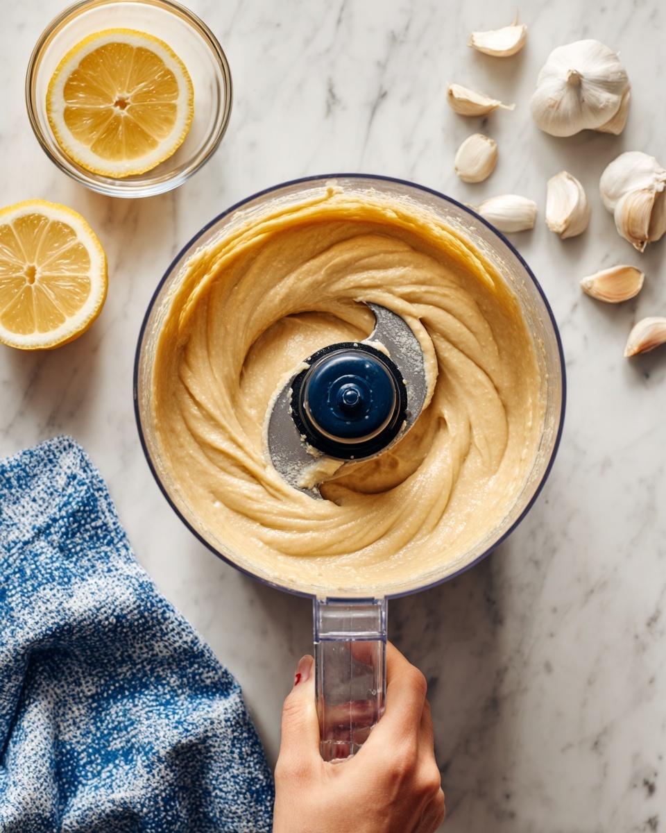 A close-up of a food processor filled with a smooth, thick, beige batter that swirls around the curved metal blades in the center, held by a woman's hand gripping the clear plastic handle at the bottom left corner. To the left, there is a clear glass bowl with a juiced half lemon resting on a white marbled surface. In the top right corner, some whole garlic cloves are placed on the same white marbled texture. A blue and white cloth napkin lies beneath the food processor on the white marbled background. photo taken with an iphone --ar 4:5 --v 7
