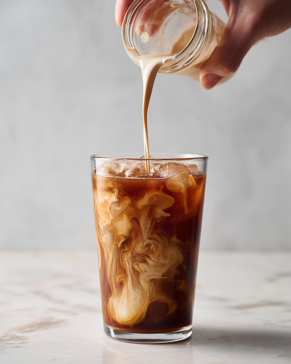 A clear glass filled with ice cubes contains light brown iced coffee with swirling white cream being poured from a small glass jar held by a woman's hand above the glass. The cream creates soft cloud-like patterns as it mixes with the coffee. The glass sits on a white marbled surface with a bright, simple background. photo taken with an iphone --ar 4:5 --v 7