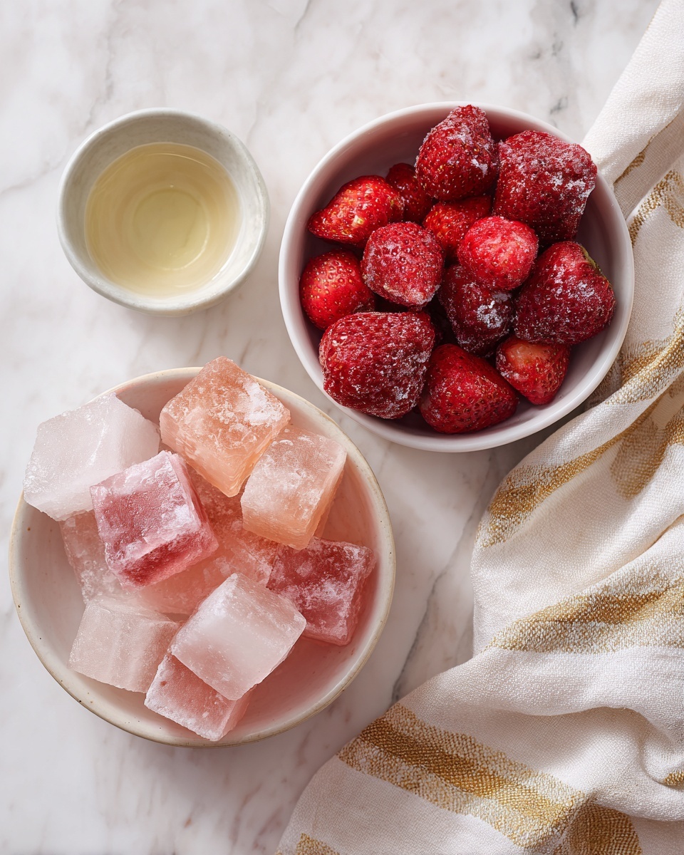 The image shows three white bowls on a white marbled surface: the biggest bowl at the bottom holds large, translucent pink and white ice cubes with rough edges; the medium bowl to the right is filled with bright red frozen strawberries covered in a light frost layer, some showing white bottoms where the stems were; the smallest bowl at the top left contains a small amount of clear liquid. A beige and white striped cloth with gold accents is draped beside the bowls. Photo taken with an iphone --ar 4:5 --v 7