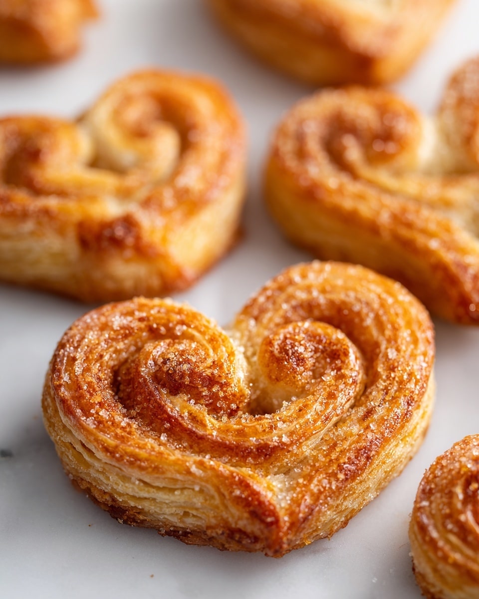 Multiple golden brown palmiers with a shiny, crispy texture are laid out closely on a white marbled surface. Each palmier shows clear layers of flaky pastry, with visible rolled spiral shapes that create a heart-like form. The edges are slightly darker where they have crisped more, adding a contrast to the lighter golden center parts. The surface of each piece has a subtle granulated sugar coating that adds a bit of sparkle and roughness. The palmiers are arranged randomly, covering the frame with no other objects visible. photo taken with an iphone --ar 4:5 --v 7