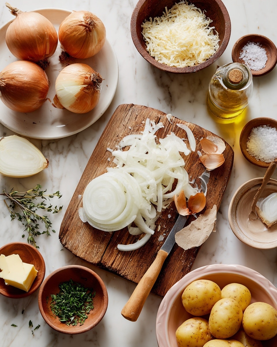 A wooden cutting board sits on a white marbled surface, holding a small pile of sliced white onion pieces, a half onion, and some brown onion skins. A small knife with a light wooden handle rests on the board next to the onion slices. To the left, a white plate holds three whole brown onions. Surrounding the board are various small bowls and containers: a brown bowl filled with a white liquid, a brown bowl filled with finely grated cheese, a small wooden bowl with chopped green herbs, and a small pink bowl holding cubes of butter. In the bottom right corner, a white bowl contains several yellow potatoes with sprigs of green herbs. A small round dish with coarse salt and a glass bottle of olive oil are also visible. photo taken with an iphone --ar 4:5 --v 7