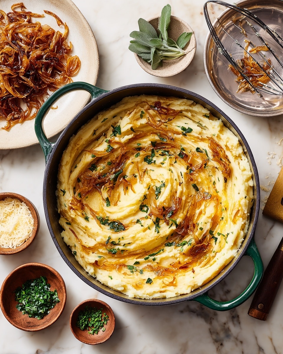 The image shows a large pot filled with creamy mashed potatoes that have swirls of caramelized onions mixed in, creating a marbled effect of light yellow and golden brown layers. The pot is dark with a green handle on a white marbled surface. To the top left, there is a round white plate holding a pile of caramelized onions with a large golden spoon resting on it. Around the pot, there are small wooden and beige bowls containing chopped green herbs, grated cheese, and fresh sage leaves. In the top right corner, there is a metal mixer beater with some remnants of the mashed potatoes on it. photo taken with an iphone --ar 4:5 --v 7