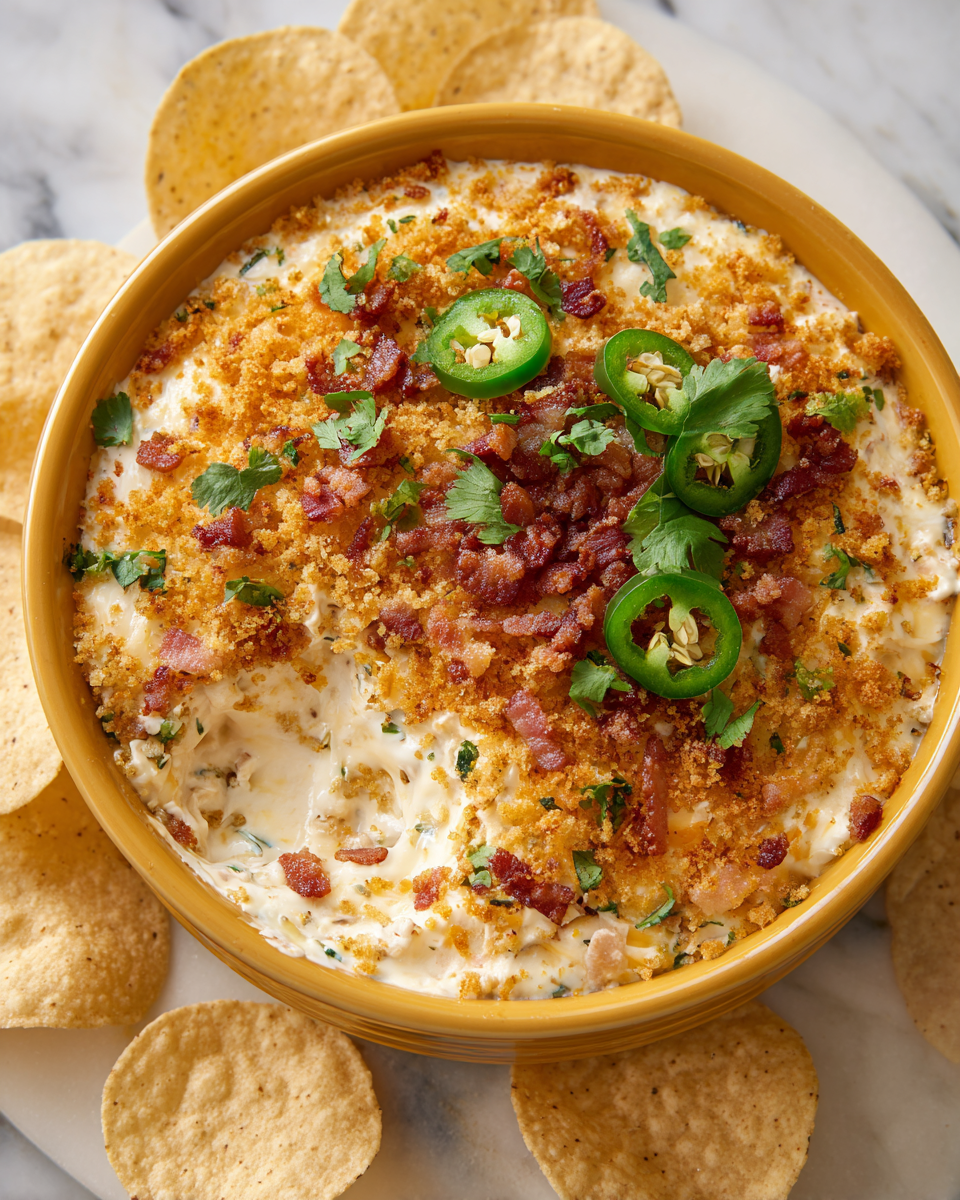 The image shows a round yellow bowl filled with a dip that has three visible layers: a crispy golden-brown crumb topping on the top, a mix of melted cheese just below the crumb layer, and a creamy white base with bits of green jalapeño peppers and pieces of crispy bacon. On one side, a scoop reveals the creamy, cheesy inside with the green and brown toppings. The dip is partly garnished with sliced green jalapeños and crispy bacon pieces, along with a small sprig of fresh cilantro on top. Surrounding the bowl are plain round tortilla chips placed on a white marbled surface. photo taken with an iphone --ar 4:5 --v 7
