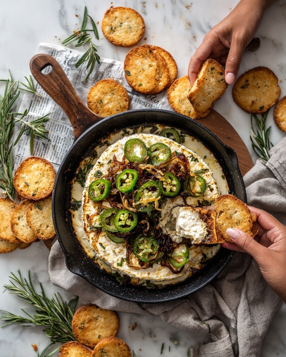 The image shows a black pan with a block of creamy white cheese topped with cooked browned onions and green jalapeño slices. A woman's hand holds a wooden spreader lifting a piece of cheese mixed with toppings onto a golden toasted piece of bread held in another woman's hand. Around the pan, there are square crackers and round golden crispy bread pieces scattered, with sprigs of fresh green rosemary for garnish. The whole scene is set on a white marbled surface with a gray cloth and a piece of newspaper or parchment under the pan. Photo taken with an iphone --ar 4:5 --v 7