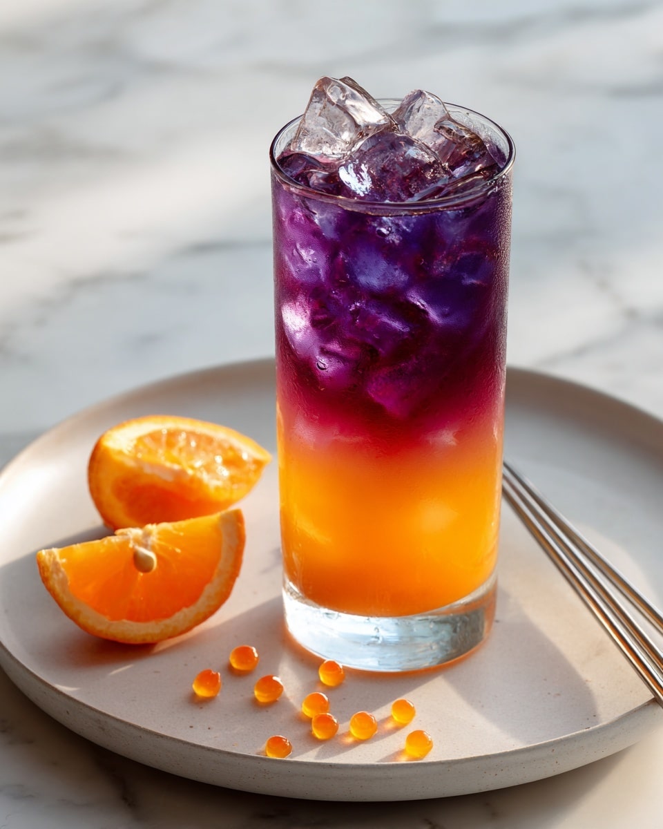 A tall clear glass filled with a two-layered drink sits on a round white plate on a white marbled surface. The bottom layer is bright orange and fills about two-thirds of the glass, while the top layer is a deep purple with many ice cubes floating in it, creating a distinct color contrast. Around the glass on the plate are small orange pearls and a halved orange fruit. A pair of metal chopsticks rest on the edge of the plate. Photo taken with an iphone --ar 4:5 --v 7