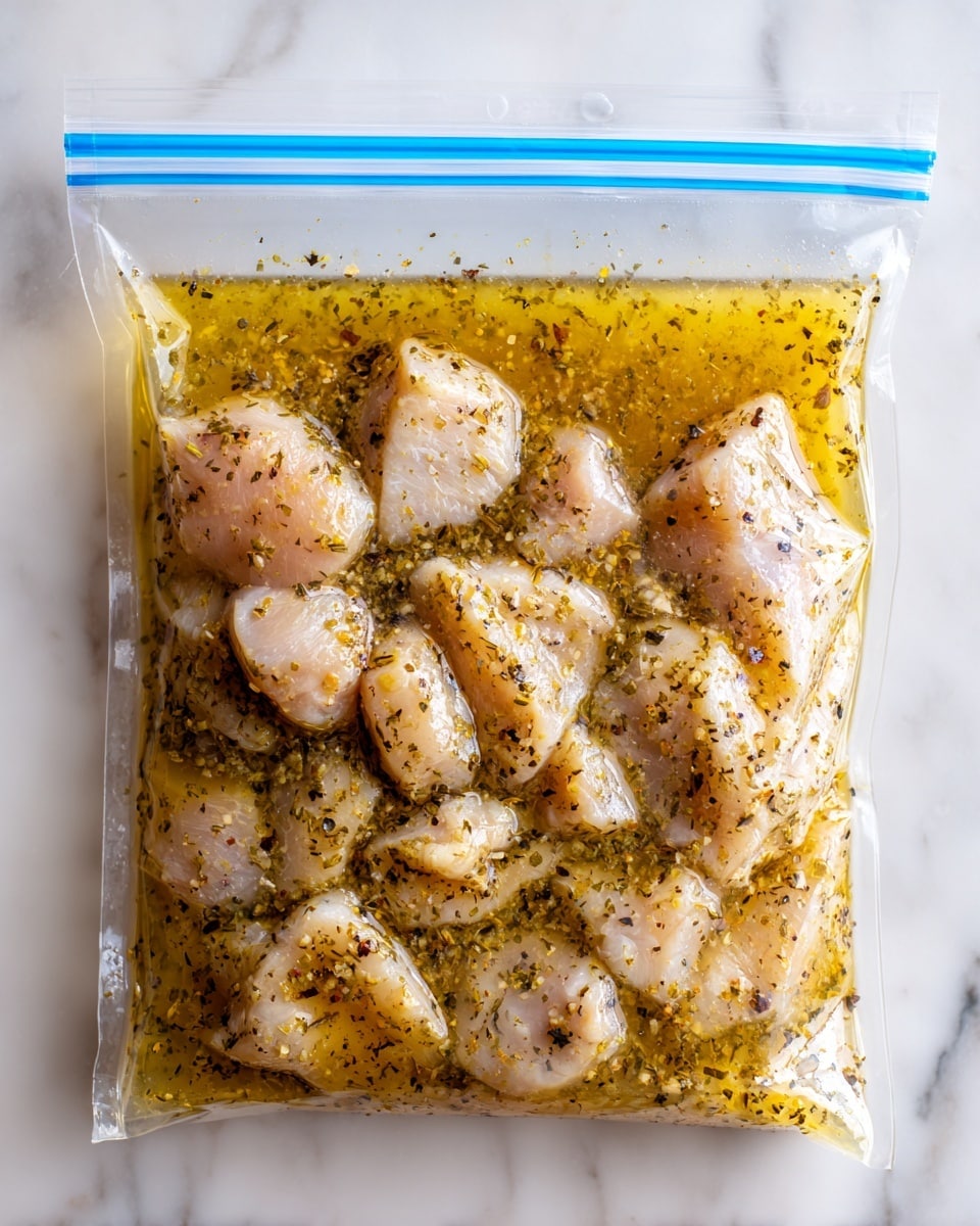 A clear plastic zip-lock bag filled with raw chicken pieces marinating in a golden-yellow sauce speckled with black pepper and herbs, the chicken pieces visible through the bag showing pale pink and light yellow colors lightly mixed with the marinade. The bag lies flat on a white marbled surface, with the blue and white zip seal at the top forming a straight line. The marinade looks slightly oily with small textured bubbles and bits of seasoning spread evenly throughout. photo taken with an iphone --ar 4:5 --v 7