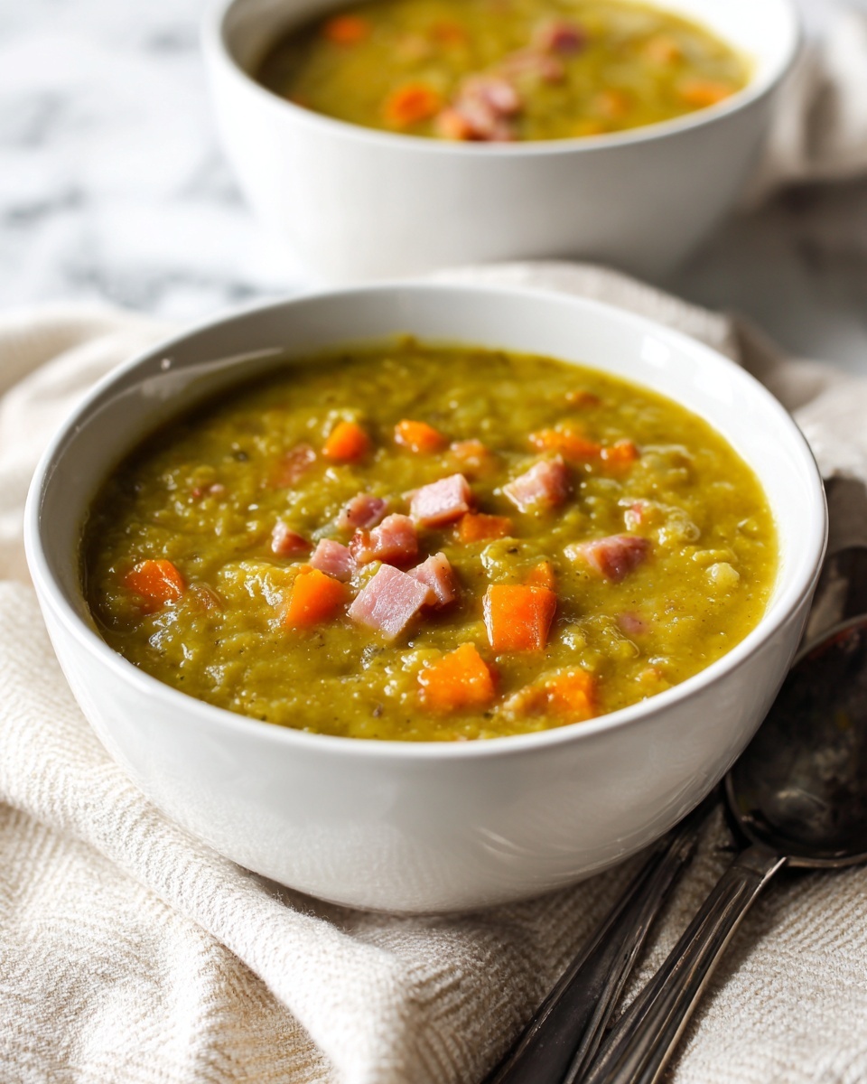 A white bowl filled with green split pea soup that has a thick, chunky texture, showing pieces of orange carrot and small cubes of pink ham mixed throughout. The bowl sits on a cream-colored cloth with a subtle herringbone pattern over a white marbled surface. To the right of the bowl is a silver spoon with a dark handle. In the background, there is a second white bowl with the same soup, slightly out of focus. Photo taken with an iphone --ar 4:5 --v 7
