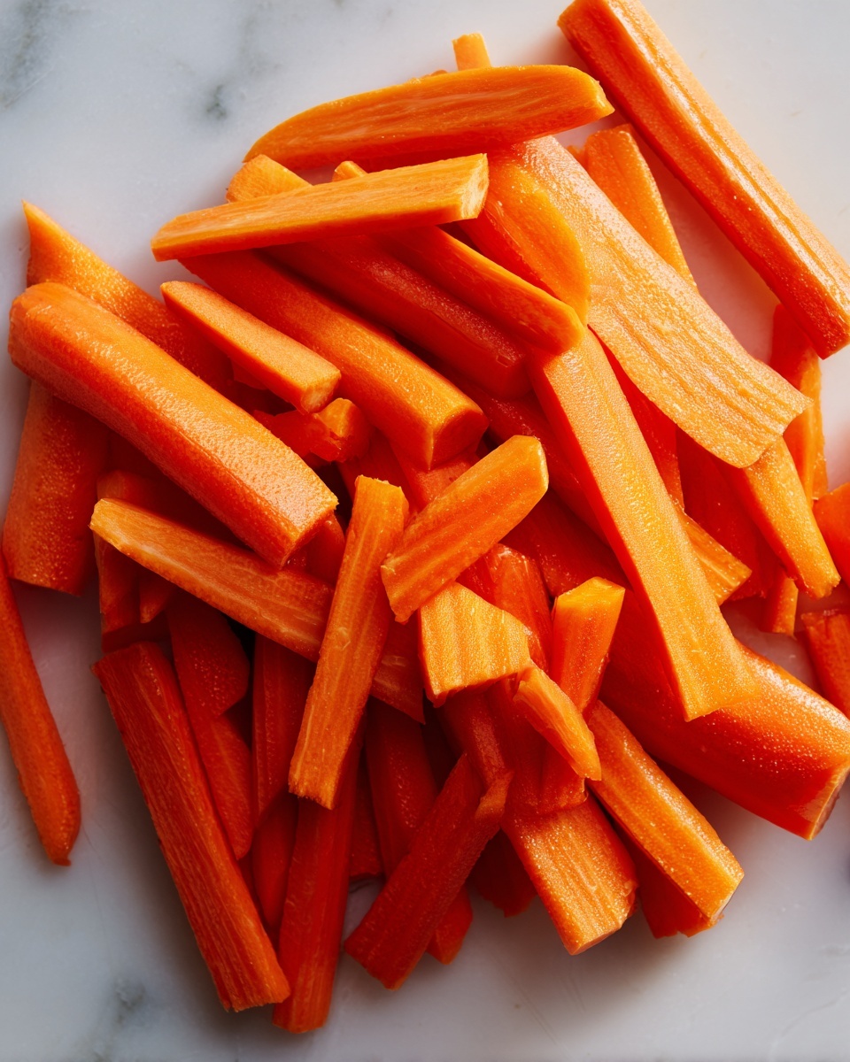 A pile of bright orange carrot pieces is arranged in a loose heap on a white marbled surface. The carrots are peeled and cut into different sizes, some long and thin, others shorter and thicker, showing a slightly shiny and smooth texture. The lighting highlights the fresh and vibrant orange color, with the wood grain of a knife board beneath them faintly visible through gaps. A woman's hand is gently resting near the edge of the pile, adding a subtle human touch to the scene. Photo taken with an iphone --ar 4:5 --v 7