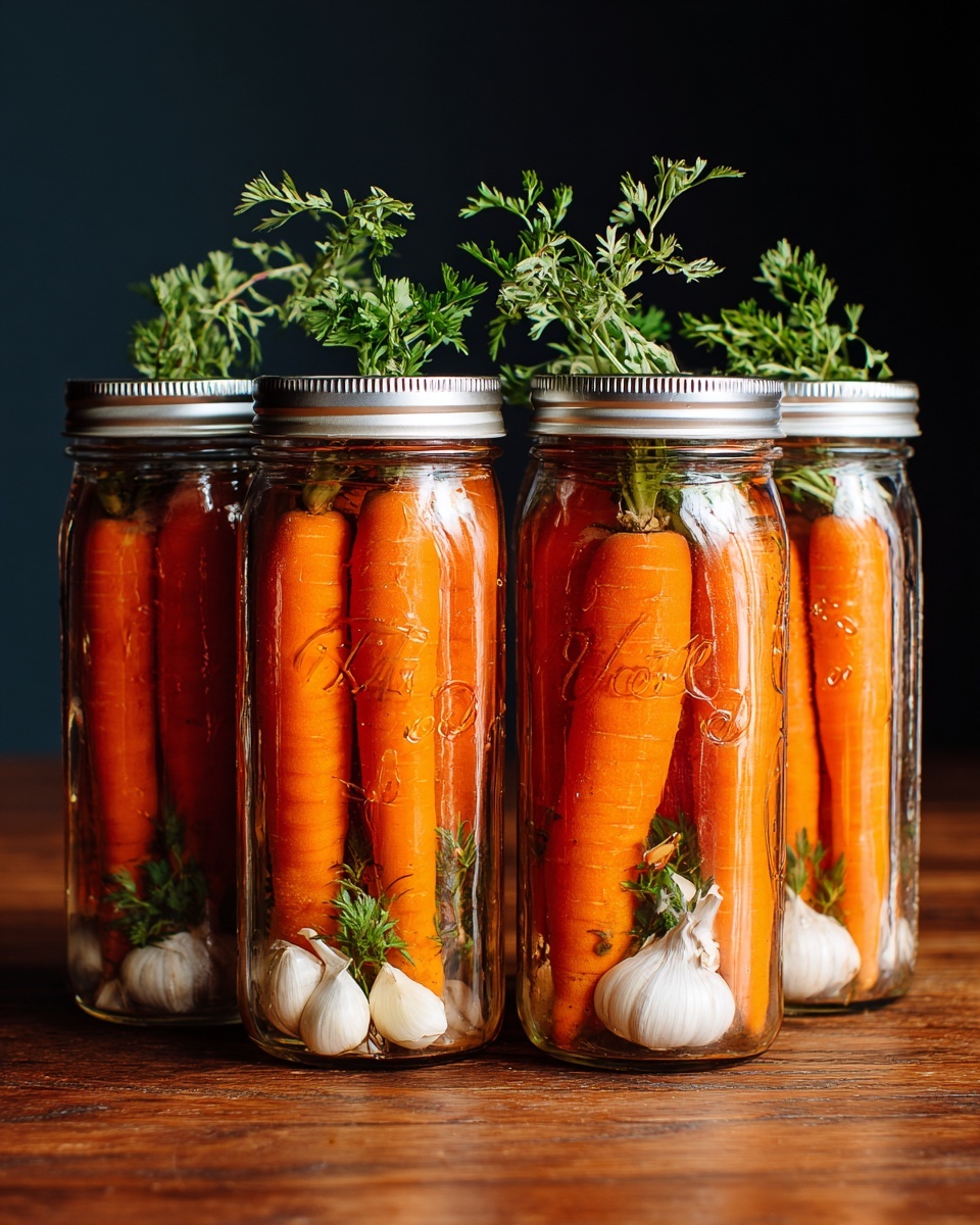 Four clear glass jars with silver lids are placed side by side on a wooden surface. Each jar is filled with whole, bright orange carrots standing upright. At the bottom of each jar, there are small green herb sprigs and white garlic cloves partially submerged in liquid. The background is a simple dark color, highlighting the vibrant colors and clear texture of the jars and their contents. Photo taken with an iphone --ar 4:5 --v 7