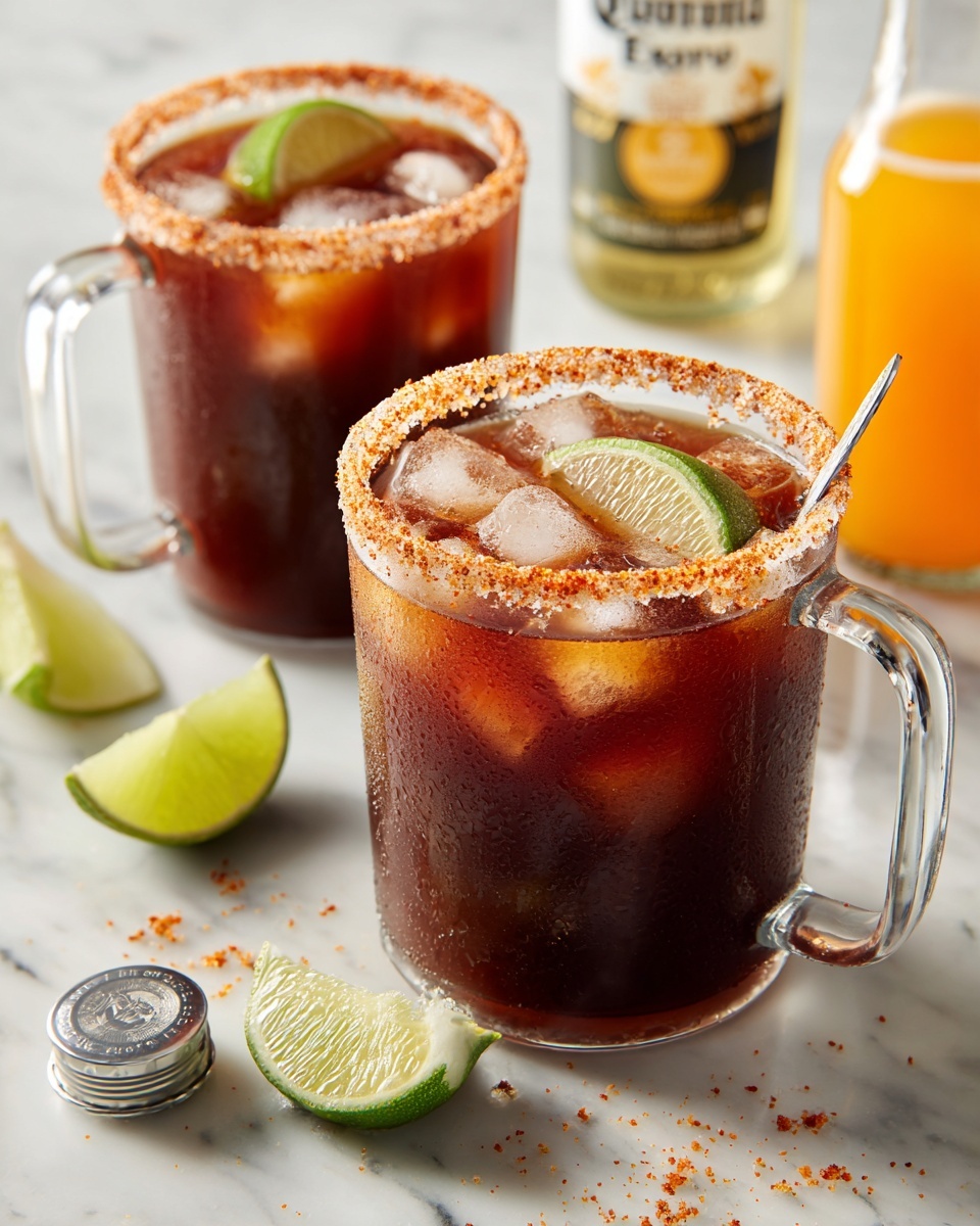Two clear glass mugs filled with a dark reddish-brown drink and large ice cubes, with the rims coated in a coarse orange and white spice mix. One mug, closer to the front, shows a lime wedge inside, and the other mug behind it has a long metal stirrer. Around the mugs on a white marbled surface are scattered lime wedges, a silver bottle cap, a small tall clear bottle with bright orange liquid, and a Corona Extra beer bottle partially visible. photo taken with an iphone --ar 4:5 --v 7