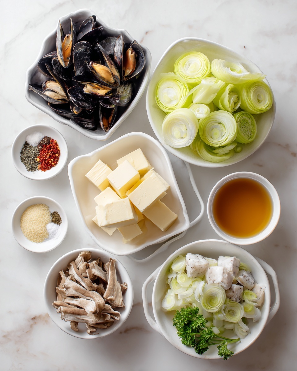 The image shows seven white dishes arranged on a white marbled surface. The largest dish holds three layers of raw seafood: black mussels, white clams, and thick white fish chunks, all mixed together. To the top right, a white bowl is filled with three layers of bright green and pale yellow leek rings, showing their different shades clearly. Below the leeks, fresh green parsley leaves are placed directly on the surface. At the bottom left, a white bowl contains light brown dried mushroom strips layered loosely. Above it, a white dish holds thick cubes of pale yellow butter stacked in two layers. To the upper left of the butter, a small white bowl contains three spice piles: coarse white salt, black pepper, and red chili flakes arranged in separate wins. Below the butter and to the left are two more white bowls: one filled with amber-colored broth and the other with a fine pale yellow powder, likely cheese. The setup is clean and bright with all items neatly placed. Photo taken with an iphone --ar 4:5 --v 7