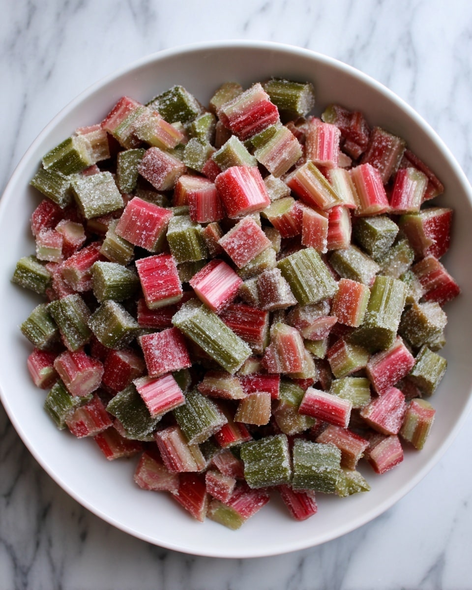 A white bowl filled with many small, uneven cubes of rhubarb. The rhubarb pieces are mostly green with some red parts, and they have a layer of sugar sprinkled all over them, creating a slightly grainy texture. The bowl sits on a white marbled surface. photo taken with an iphone --ar 4:5 --v 7