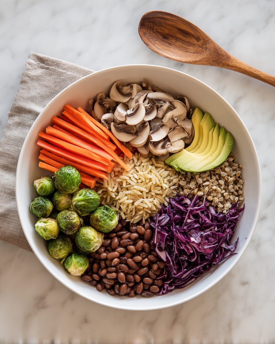 A white bowl is filled with seven separate layers of food arranged neatly side by side. Starting from the top, there is a layer of bright red carrot sticks, followed by a layer of light brown cooked sliced mushrooms. Next to the mushrooms is a small pile of light tan grain kernels, and below that, a layer of pale yellow sliced avocado. At the bottom, there is a large section of dark brown cooked beans, next to that a pile of shredded purple cabbage, and finally, on the left, a layer of roasted green Brussels sprouts. The bowl sits on a white marbled surface, and a wooden spoon rests gently nearby. Photo taken with an iphone --ar 4:5 --v 7