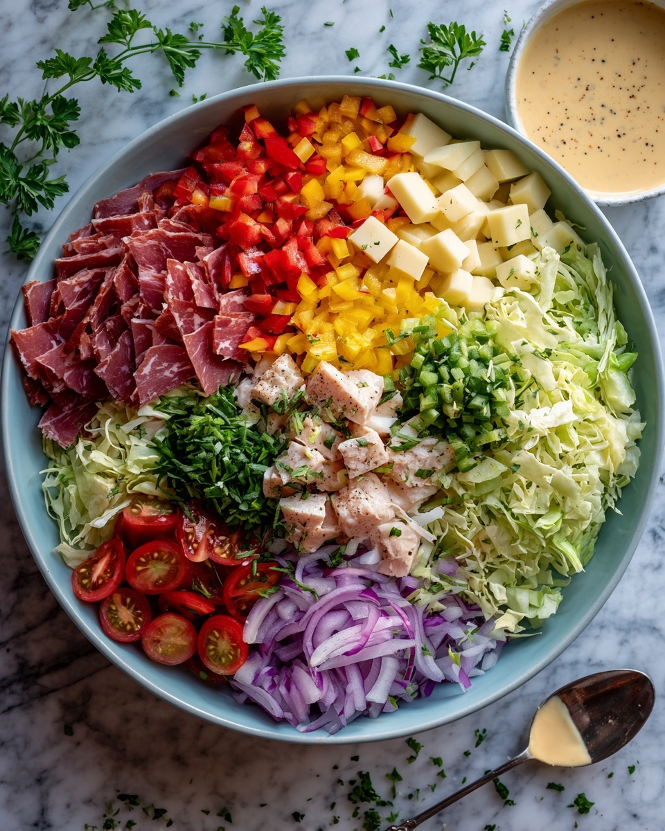 A large light blue bowl holds nine neatly separated layers of ingredients arranged in a circular pattern. Starting from the top, there is dark red, thinly sliced cured meat, followed by small cubes of pale yellow cheese and finely diced bright red bell peppers. Moving clockwise, there is a pile of finely chopped white chicken pieces seasoned with pepper, then finely chopped green herbs. In the center, there are small chopped yellow pepper pieces. Next to that are chopped fresh green herbs, followed by bright red cherry tomato halves. Below that, there are small pieces of red onion, thinly sliced light green cabbage strips, all set on a light blue bowl. A small white bowl with creamy sauce and a spoon inside sits at the bottom right edge of the frame, all placed on a white marbled textured surface with some green parsley sprigs scattered around. Photo taken with an iphone --ar 4:5 --v 7