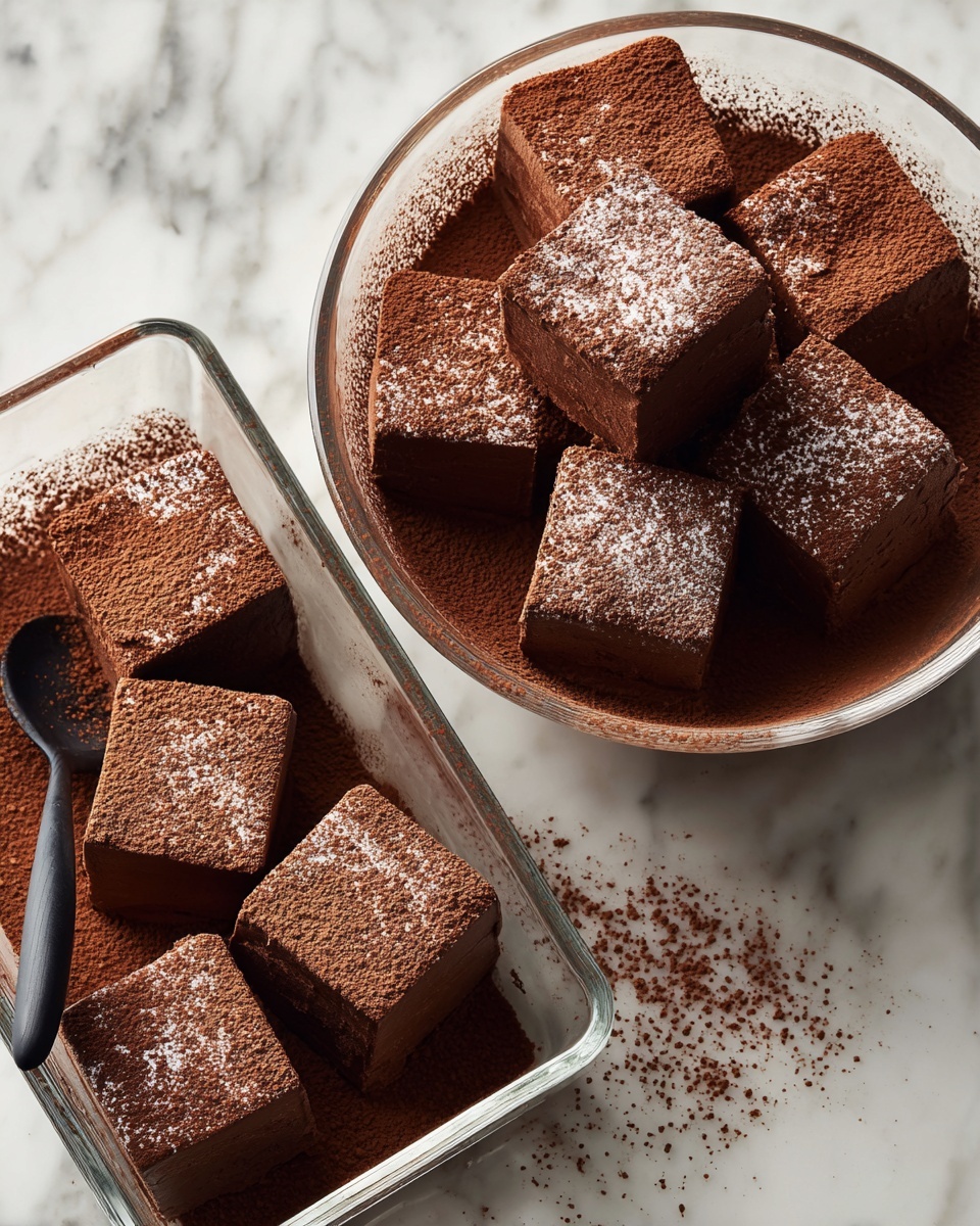 The image shows a clear glass bowl filled with nine large cubes of smooth chocolate mousse, each dusted with a light layer of cocoa powder on top and around the edges inside the bowl. Next to the bowl is a clear glass rectangular dish containing more mousse, sliced into smaller rectangular pieces with clean edges and a uniform dark brown color. A black spatula lies inside the dish, resting against the mousse. The background and surface are white marble. photo taken with an iphone --ar 4:5 --v 7