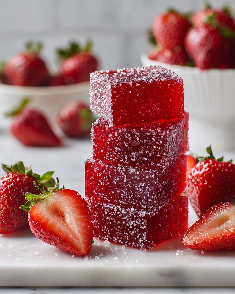 There is a tall stack of five red square jelly candies dusted with sugar, creating a rough sparkling texture on each candy. On top of the stack, there is a fresh bright red strawberry with small seeds and a green stem, adding a natural touch to the sweets. Beside the stack, more jelly candies are laid out flat in neat rows on a clean white marble surface, with the white sugar coating clearly visible on all the candies. The overall look is bright and fresh with a sharp focus on the sugary texture and vibrant red colors. Photo taken with an iphone --ar 4:5 --v 7