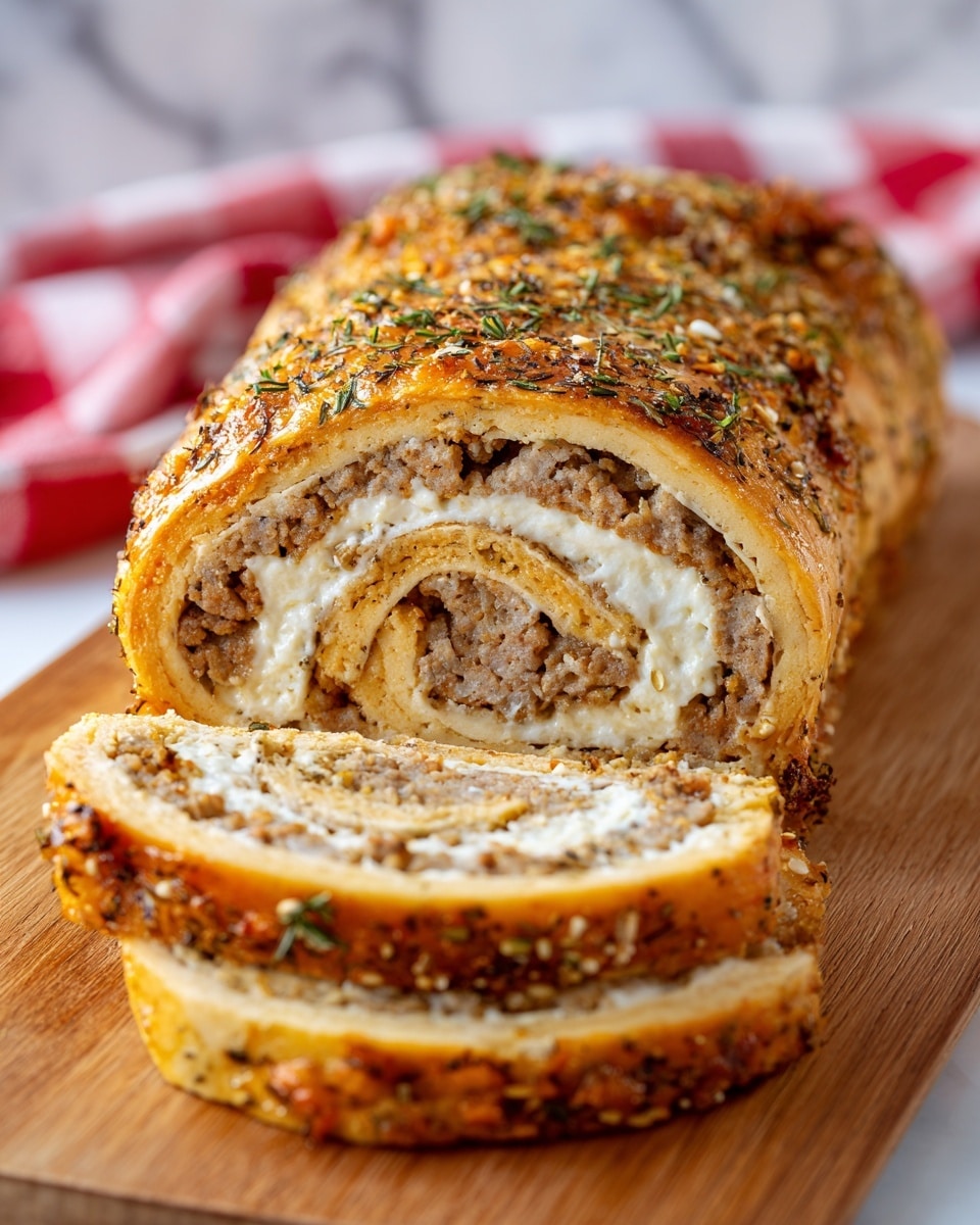 The image shows a sliced rolled bread filled with a meat and cheese mixture. The bread is golden brown with a slightly crispy texture, sprinkled with black pepper and herbs on top. Each slice reveals two main layers inside: a white, soft bread layer on the outside and a filling made of small chunks of cooked brown meat mixed with melted white cheese. The slices are arranged on a light brown parchment paper with a red and white checkered cloth partially visible in the background, all set on a white marbled surface. photo taken with an iphone --ar 4:5 --v 7