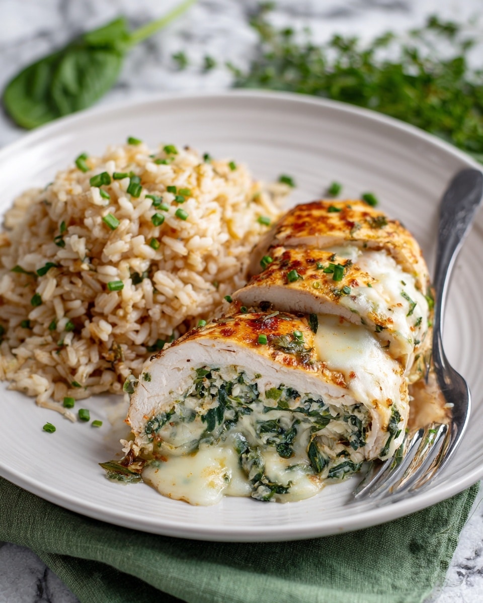 The dish shows a white plate with two main parts: on one side, light brown rice with small green herbs sprinkled on top, and on the other side, a sliced piece of cooked chicken filled with a green leafy layer and melted light yellow cheese inside. The chicken has a golden brown, slightly crispy outer layer. A fork rests on the plate near the chicken, and a bunch of fresh green herbs sits blurred in the background. The plate is placed on a green cloth on a white marbled surface with a blue striped cloth in the back. Photo taken with an iphone --ar 4:5 --v 7