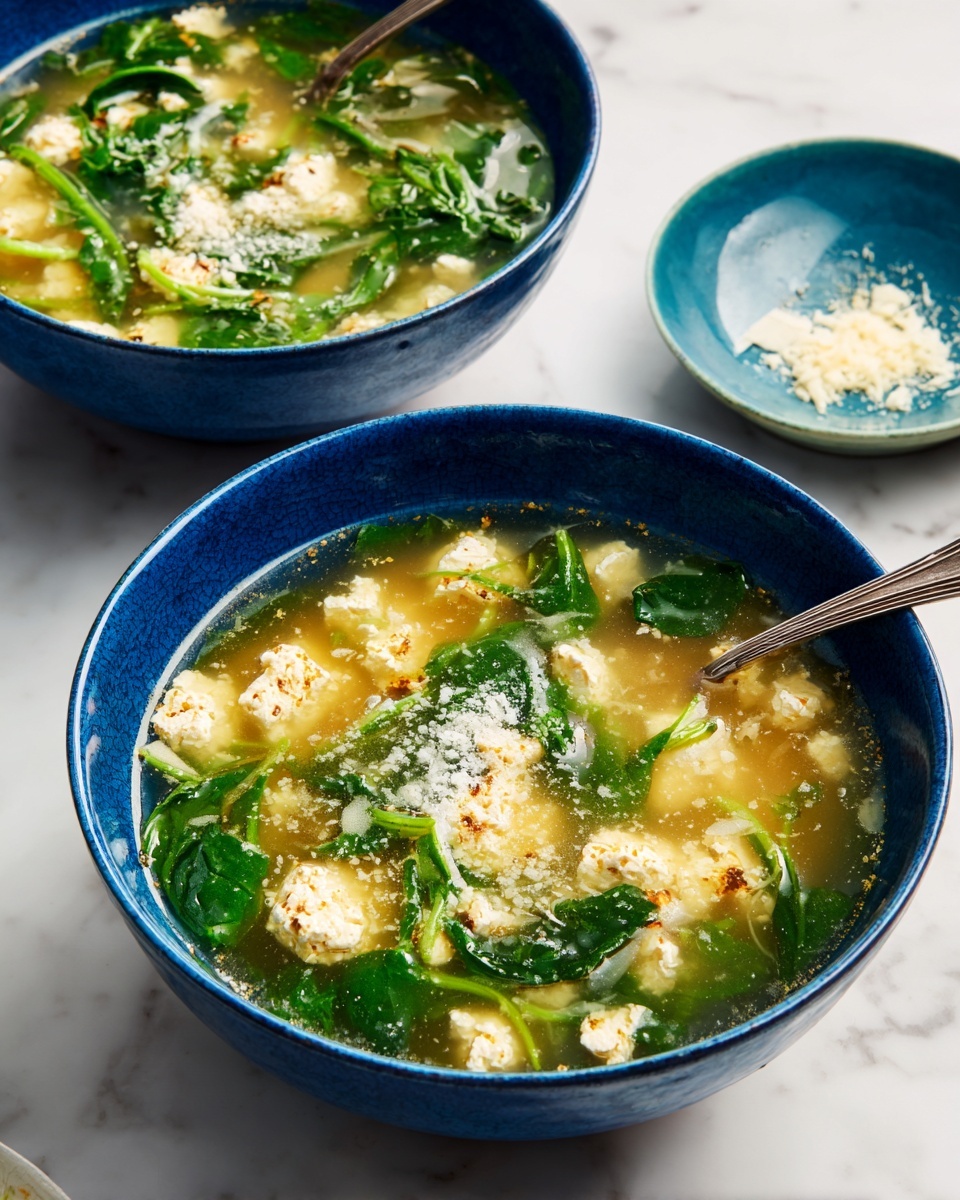 Two blue bowls filled with clear soup are placed on a white marbled surface. The soup has three main visible layers: a light broth base with a clear yellow-green tint, scattered chunks of soft, light beige tofu, and bright green spinach leaves floating throughout. The bowl at the front shows a topping of finely grated white cheese or similar garnish in the center over the soup. Each bowl has a silver spoon resting inside. In the background, a third blue bowl and a small white dish with more grated garnish are partially visible. Photo taken with an iphone --ar 4:5 --v 7