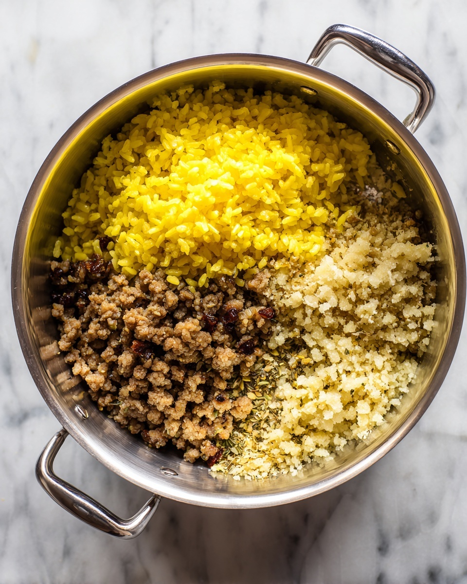 A large silver cooking pot sits on a white marbled surface, filled with three distinct sections of ingredients. On the left side, there is a neat pile of bright yellow rice with individual grains visible and slightly uneven edges blending into the other parts. The top right section is filled with browned, small pieces of cooked meat, showing a crumbly texture with some herbs mixed in. Below the meat, in the bottom right corner, there is a smaller portion of minced light yellow garlic or ginger, with a fine and slightly rough texture. The inside of the pot has small bits of food scattered around, and the pot handles curve away from the frame. photo taken with an iphone --ar 4:5 --v 7