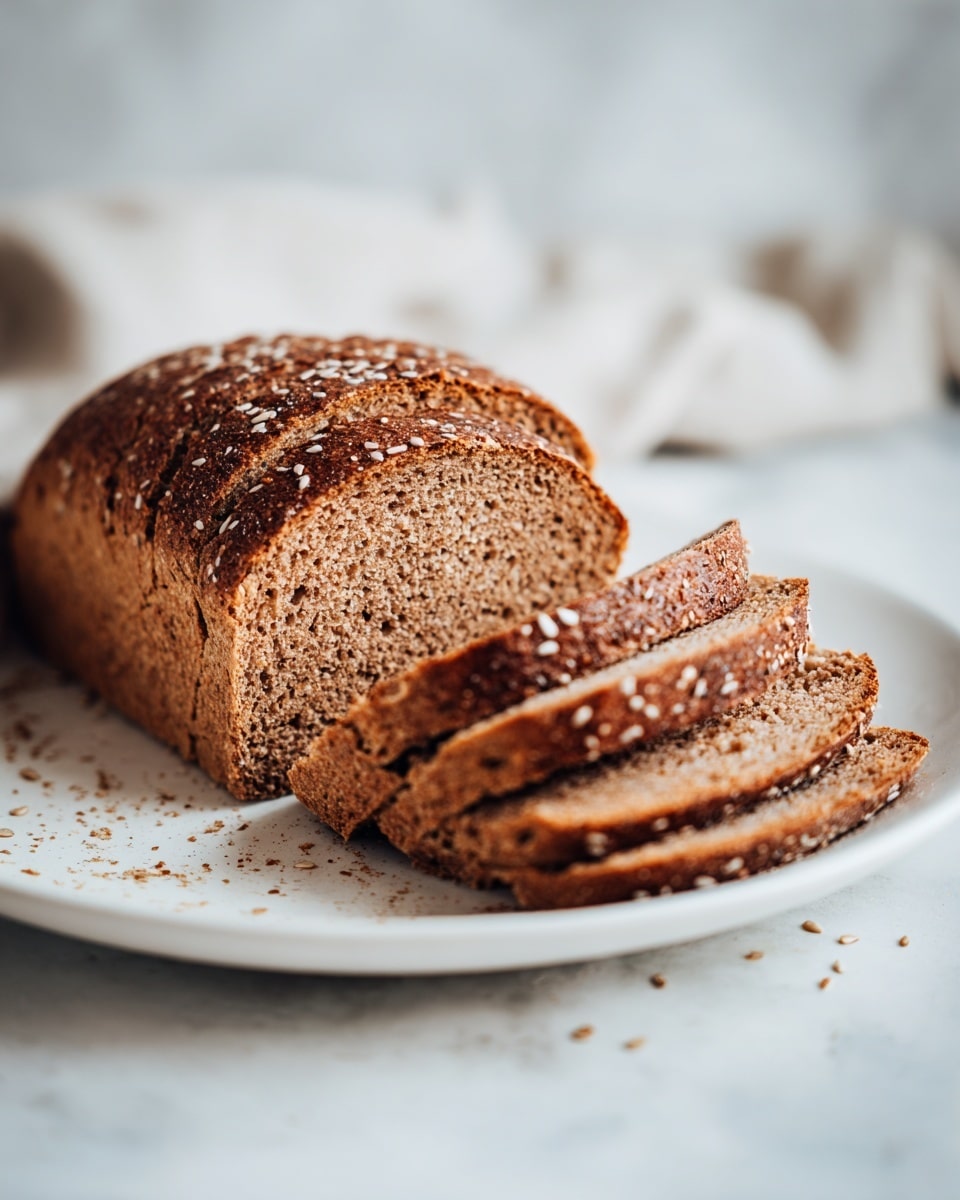 The image shows a white plate on a white marbled surface, holding a loaf of brown bread partially sliced into six pieces. The bread has a rough, grainy texture with small seeds on the crust, especially visible on the front slices where white and green seeds are scattered. The loaf's interior is dense with a darker brown color, and the slices are arranged slightly fanned out in the front, with the unsliced part of the loaf resting behind. The background is blurred with a soft mix of white and neutral tones. Photo taken with an iphone --ar 4:5 --v 7