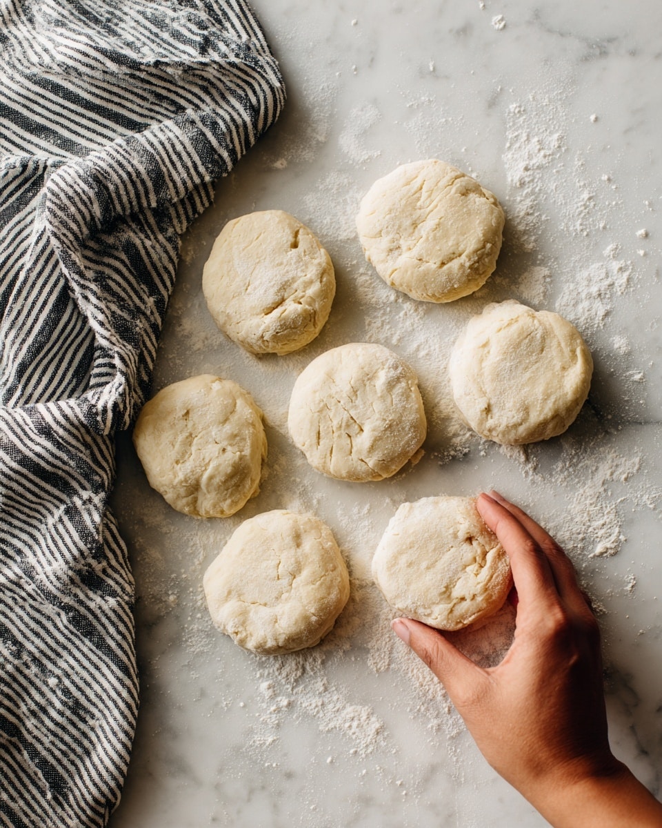 The image shows eight round, flat dough pieces spread out on a white marbled surface with light dustings of flour on some. The dough pieces are pale beige in color with a slightly uneven texture, some having soft cracks or small indentations. A woman's hand is gently holding one dough piece at the bottom right corner. To the left, a black and white striped cloth lies casually folded, adding a soft fabric texture to the scene. The overall view is clean and bright with a natural, homemade feel. photo taken with an iphone --ar 4:5 --v 7
