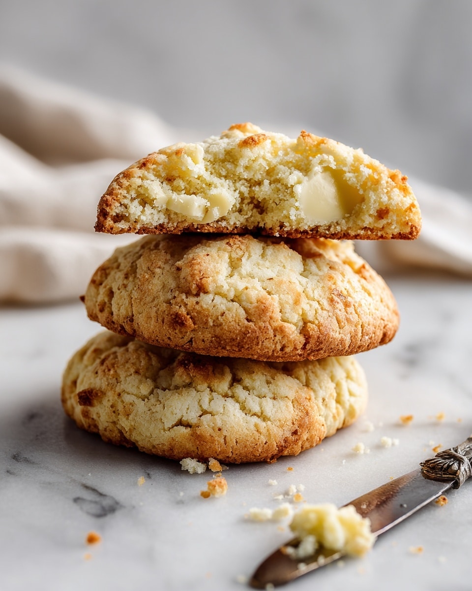 The image shows a stack of three thick, square-shaped cookies with a golden brown color and a crumbly texture. The top cookie is broken in half, revealing a soft, moist inside with small melted butter spots. The cookies have a rough surface with visible crumbs around them on a white marbled surface. A small knife with some butter on it lies in the foreground, and a blurred kitchen towel is in the background. photo taken with an iphone --ar 4:5 --v 7