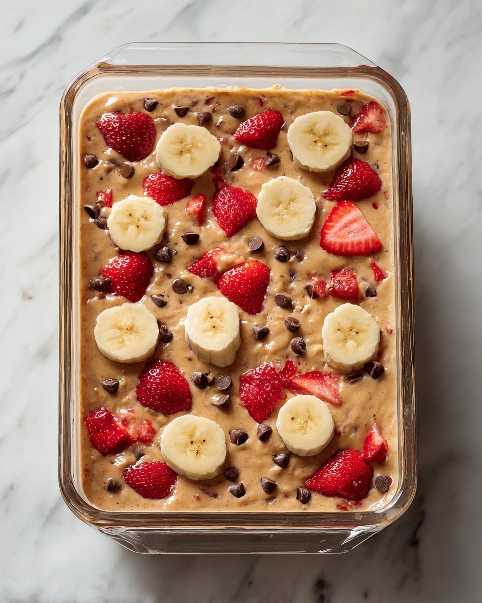 A clear glass rectangular baking dish filled with a thick, light brown batter mixed with small dark chocolate chips and chunks of red strawberries visible inside the mixture. On top, a scattered layer of evenly spaced yellow banana slices with a smooth texture rests on the batter. The dish is placed on a white marbled surface, showing the textured batter with embedded fruits and chocolate. photo taken with an iphone --ar 4:5 --v 7