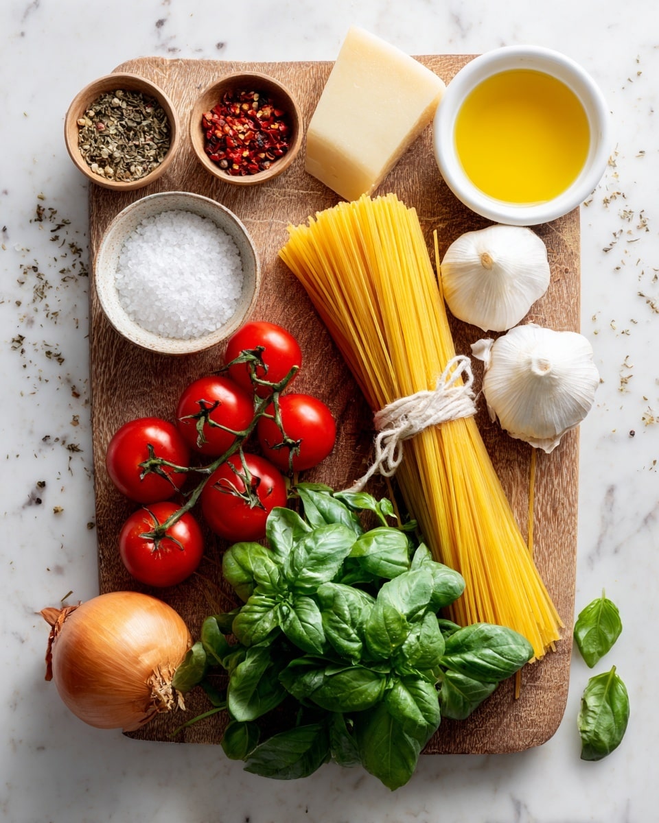 A wooden cutting board on a white marbled table holds a spread of fresh ingredients arranged neatly in layers: at the bottom left are bright red cherry tomatoes still on green stems, next to a bunch of fresh green basil leaves at the bottom right. Above the tomatoes, there is a bunch of uncooked yellow spaghetti tied with a white string, topped slightly by two garlic cloves and one whole garlic bulb with its white papery skin. To the right of the garlic, a white bowl filled with golden olive oil is placed beside a large, wedge-shaped piece of pale yellow cheese. At the top left corner of the board are three small bowls: one with coarse white salt, another with red chili flakes, and one with dried herbs. A whole round light brown onion lies near the right edge with a few loose basil leaves scattered around. Photo taken with an iphone --ar 4:5 --v 7