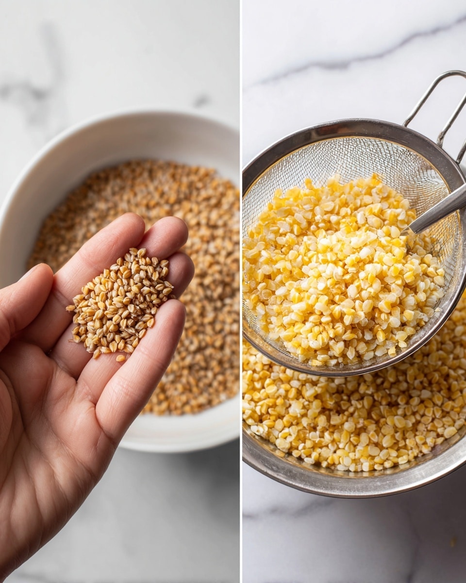 The image shows two close-up views side by side. On the left, a woman's hand holds a small pile of small, oval-shaped, light brown grains with a slightly rough texture, over a full white bowl filled with the same grains. On the right, cooked grains with a soft, plump texture and a light yellow color sit in a metal strainer, with a spoon scooping some grains. The background is a white marbled texture. Photo taken with an iphone --ar 4:5 --v 7